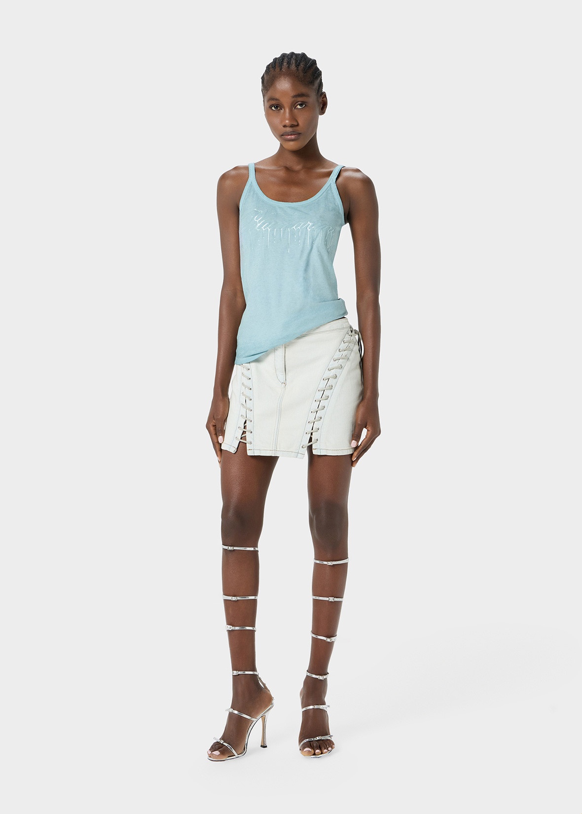 DENIM MINI SKIRT WITH EYELETS AND STRAPS - 2