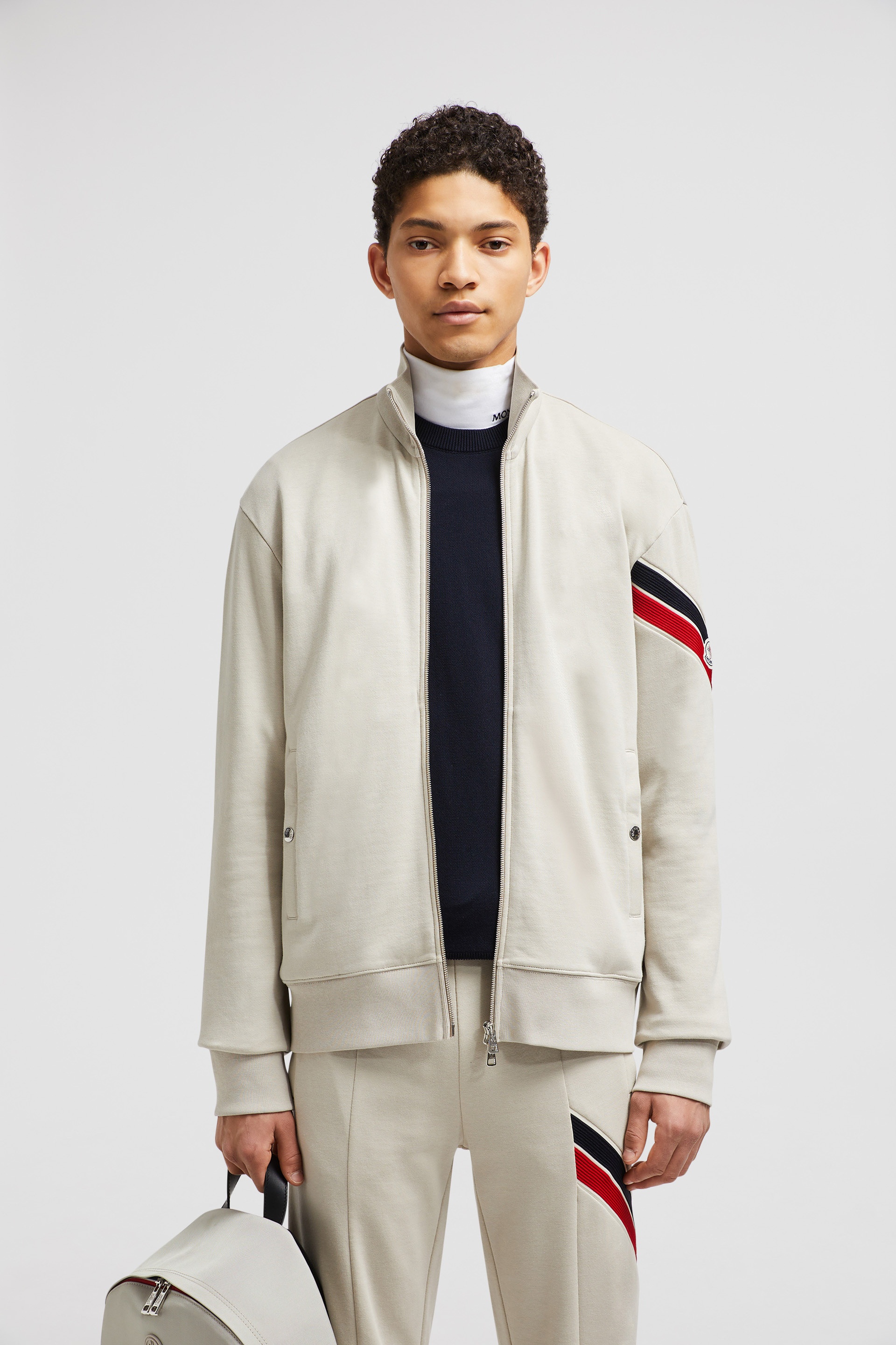 Moncler Men's Zip-Up Jacket with Striped Sleeve
