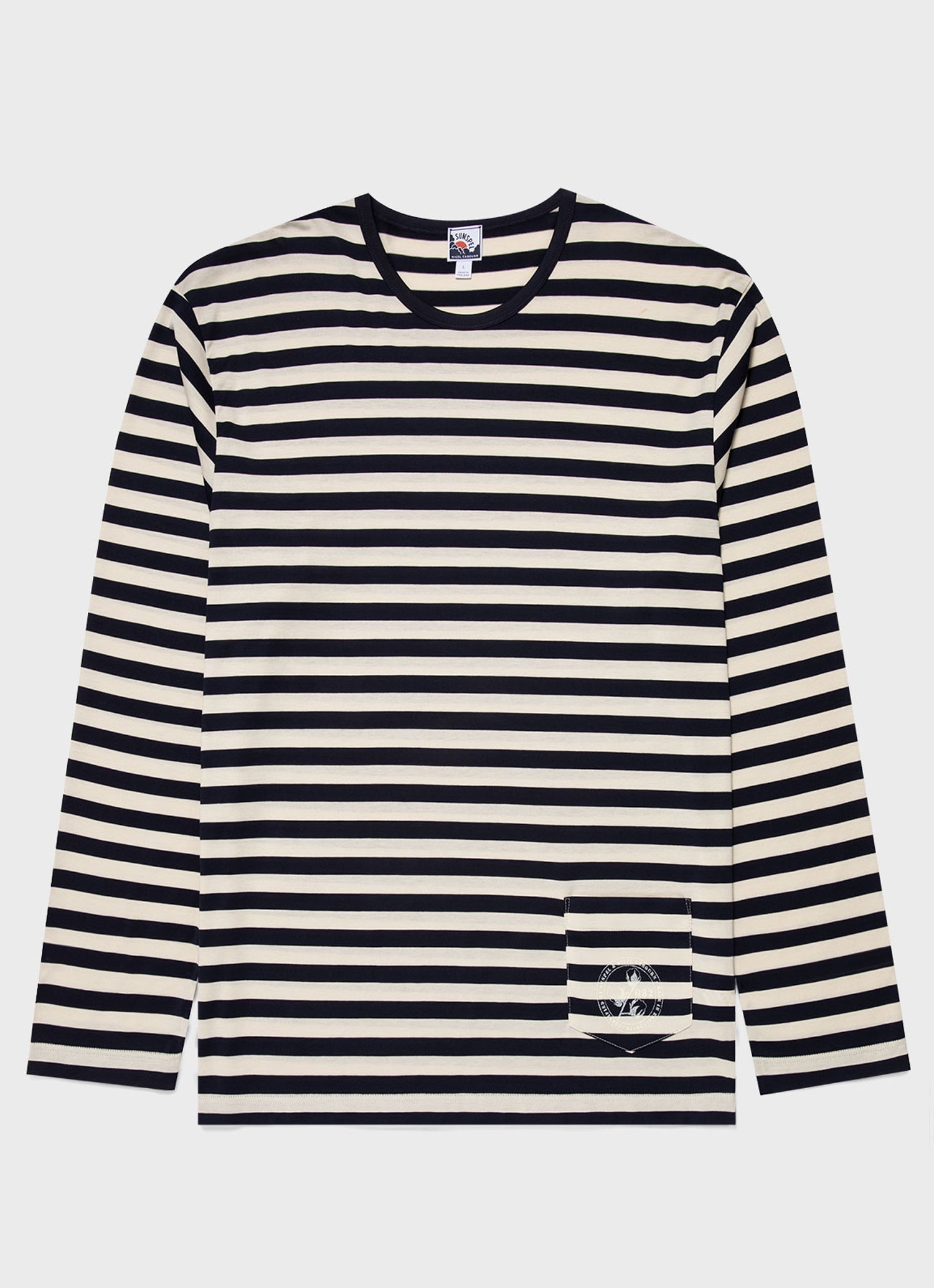 Nigel Cabourn x Sunspel Long Sleeve Pocket T-Shirt in Navy/Stone Stripe - 1