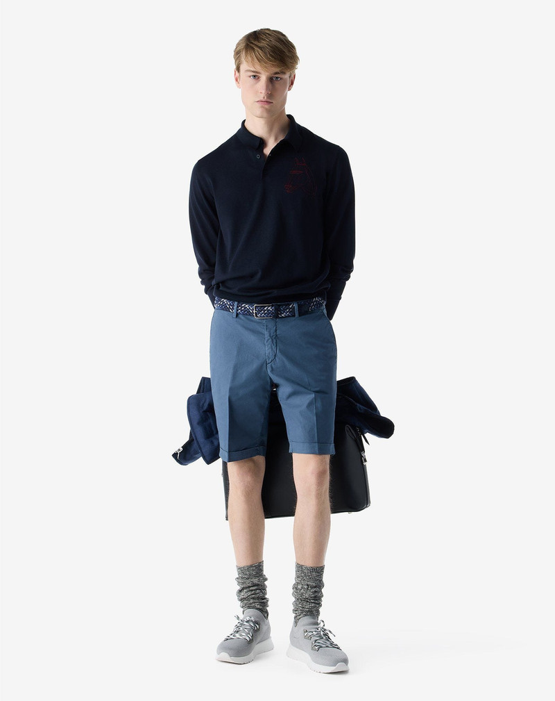 CORNELIANI Garment-dyed aviator blue gabardine bermuda shorts outlook