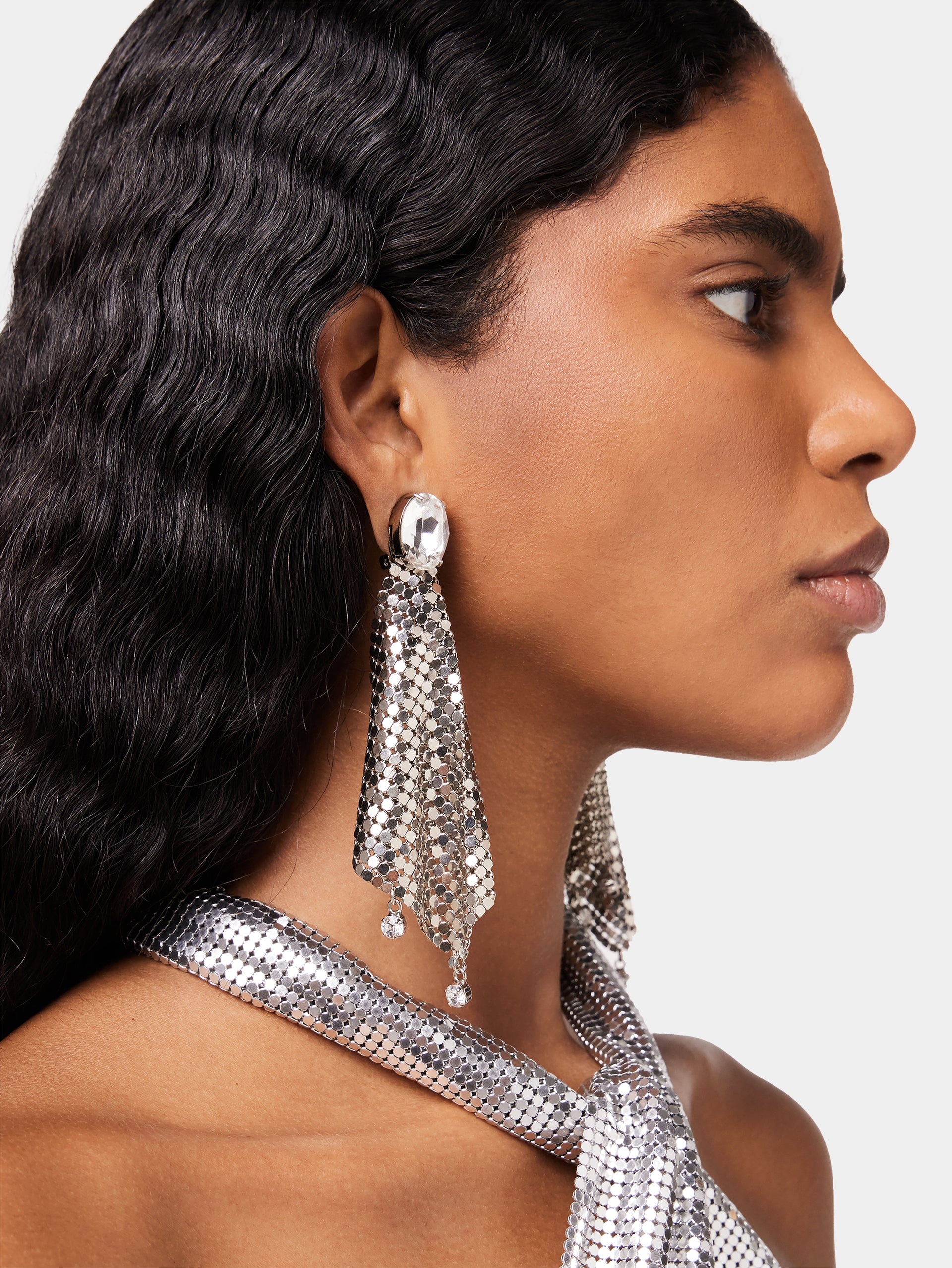 SILVER CHAINMAIL EARRINGS WITH CRYSTALS - 2