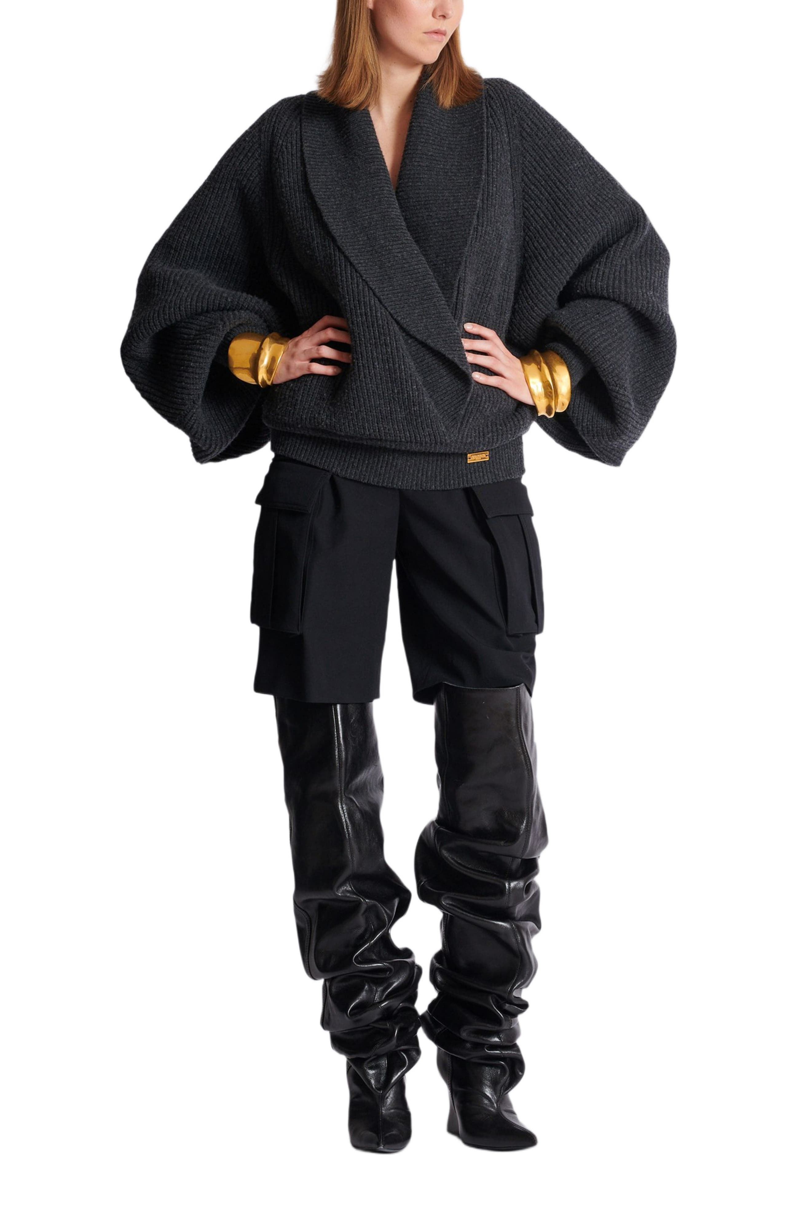 Balmain Oversized Wrap Knit Jumper in Grey at Nordstrom - 3