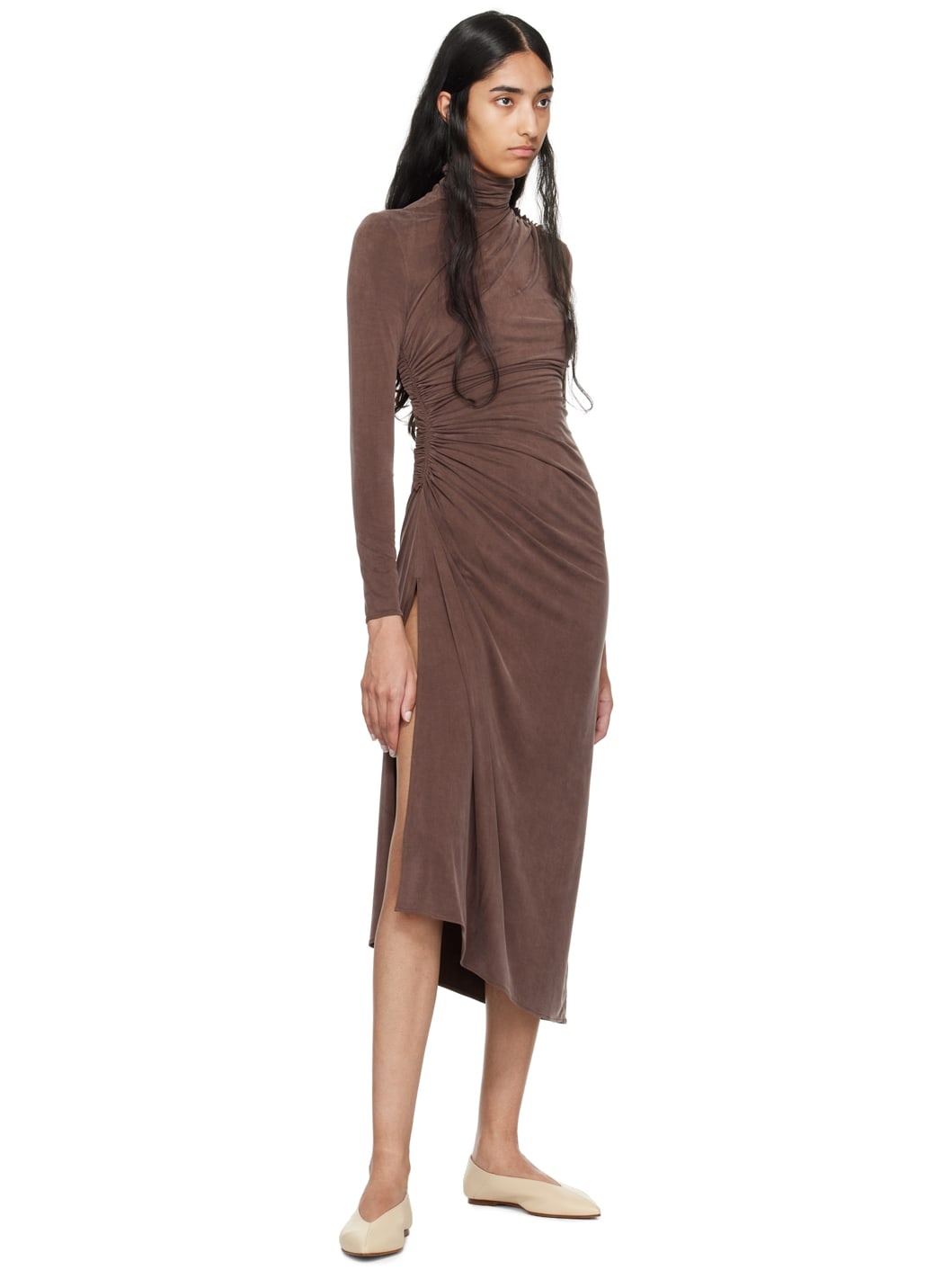 Brown Ruched Midi Dress - 4