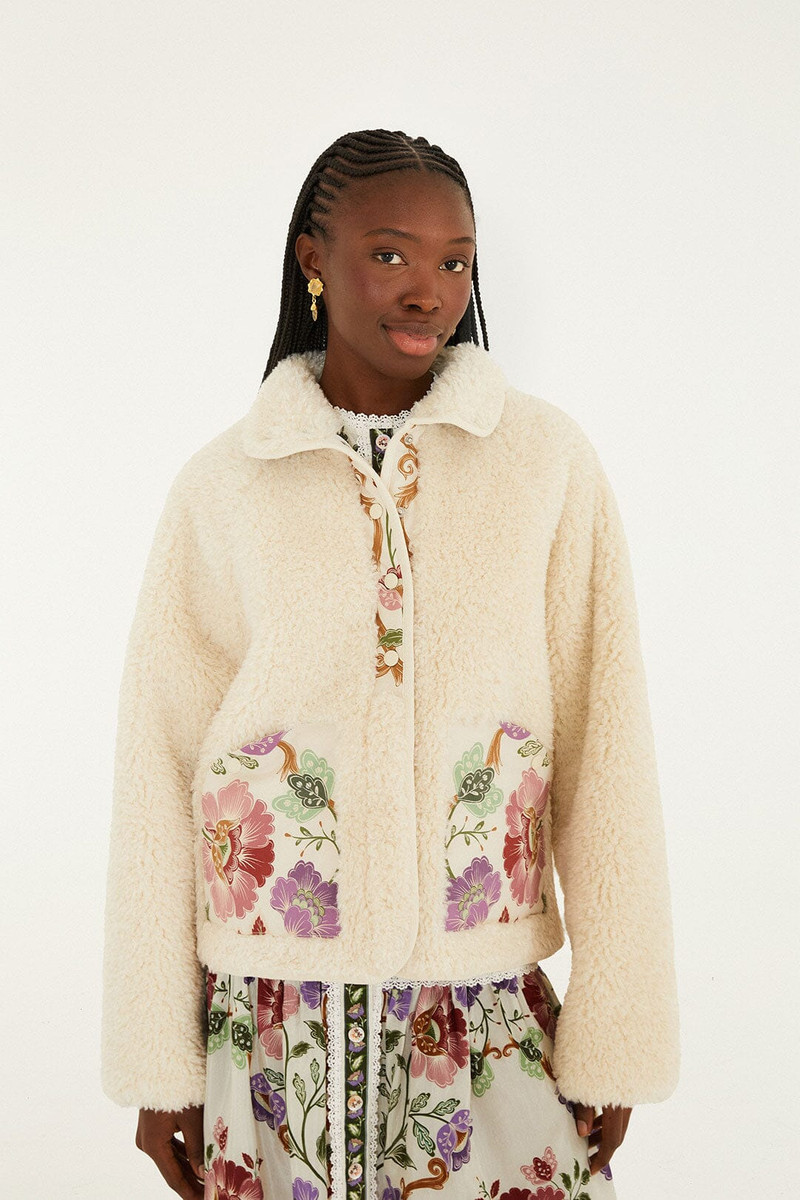Cream Rococo Flowers Bomber Fleece Jacket 1