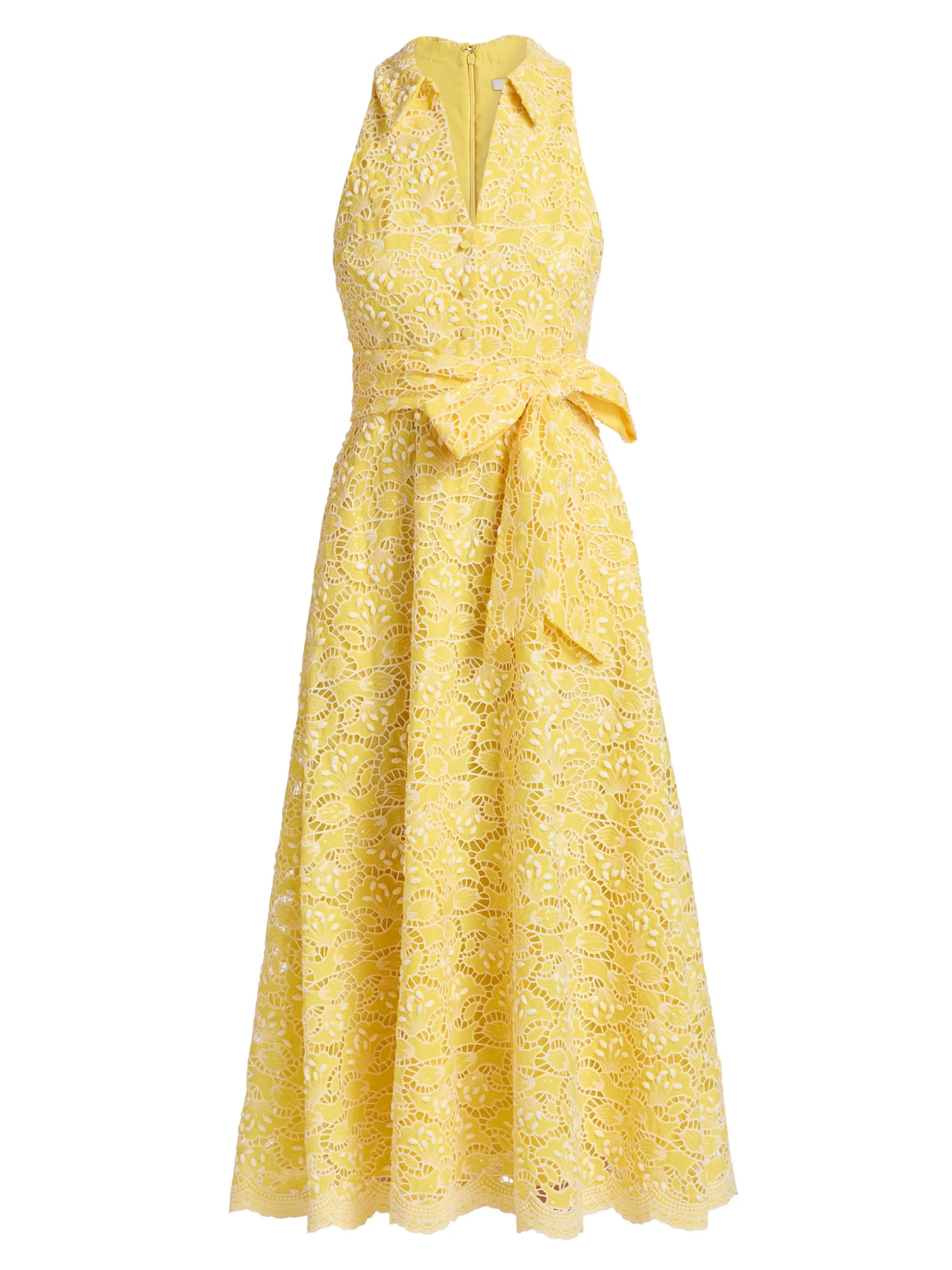 Women's Eyelet Lace Belted Midi-Dress - Yellow - 1