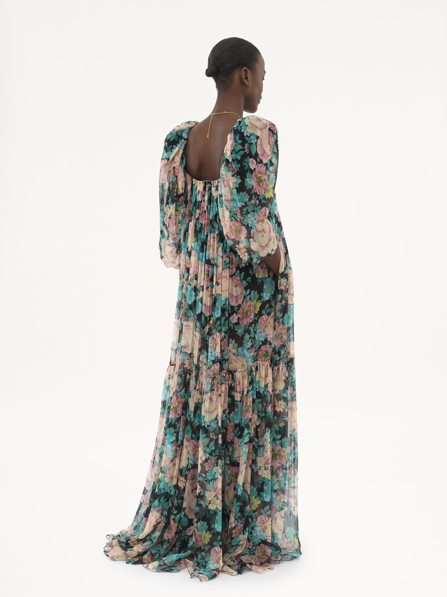 PUFF-SLEEVE LONG DRESS IN SILK MOUSSELINE - 6