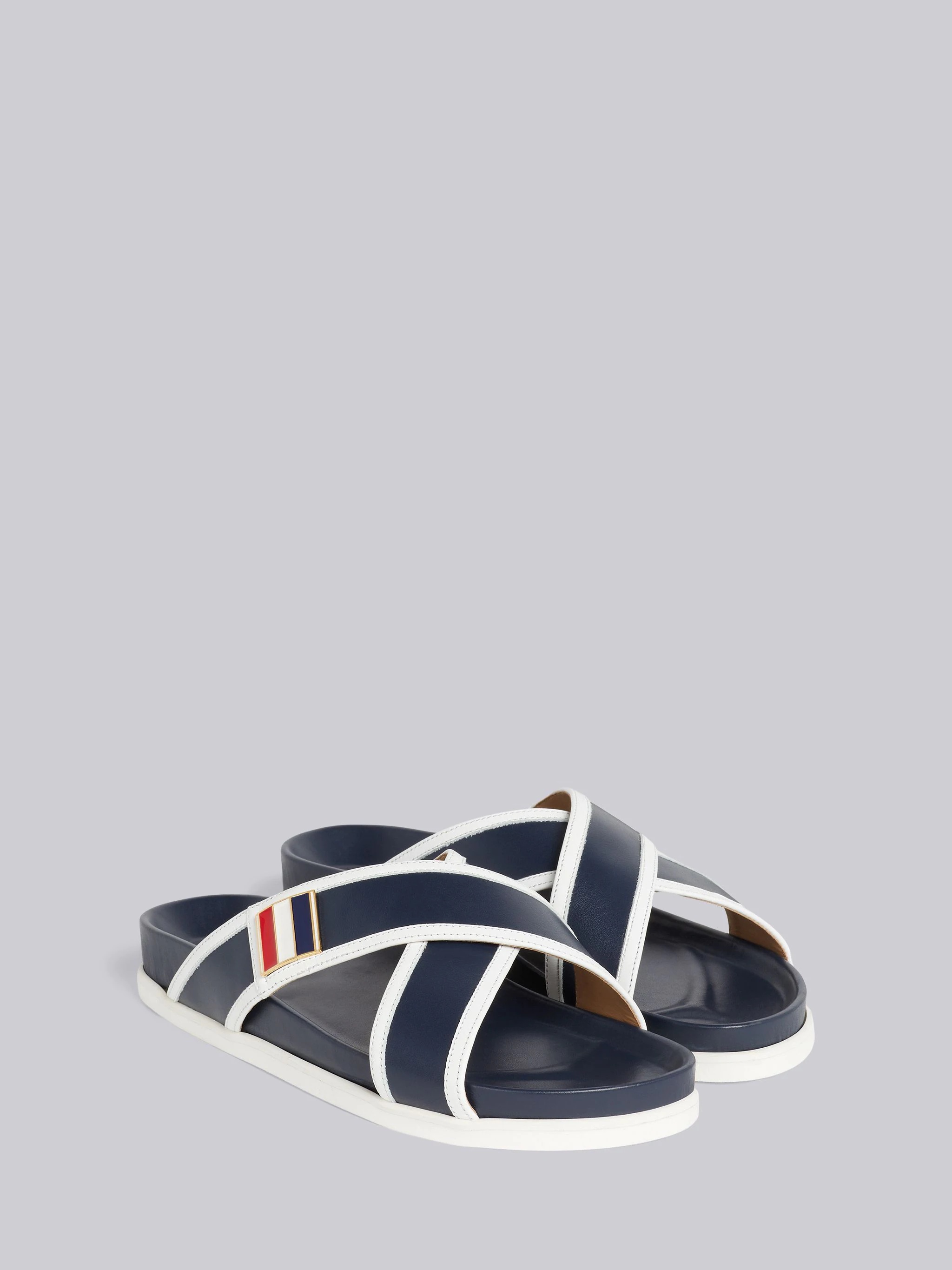 Navy Vitello Calf Leather Stripe Enamel Buckle Criss Cross Sandal - 3