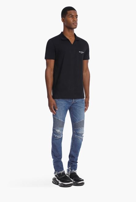 Black sustainable cotton polo with small white velvet Balmain Paris logo - 7