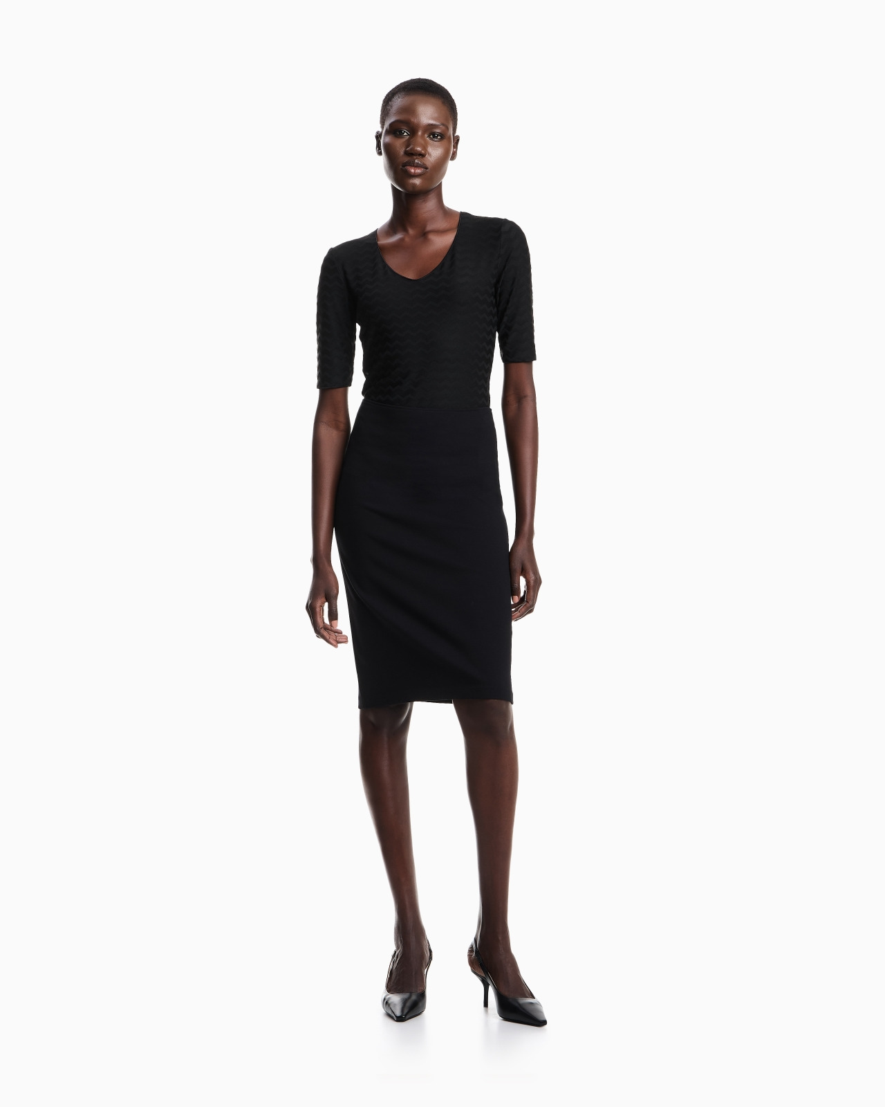 Two-way stretch jacquard jersey V-neck jumper with three-quarter length sleeves - 2