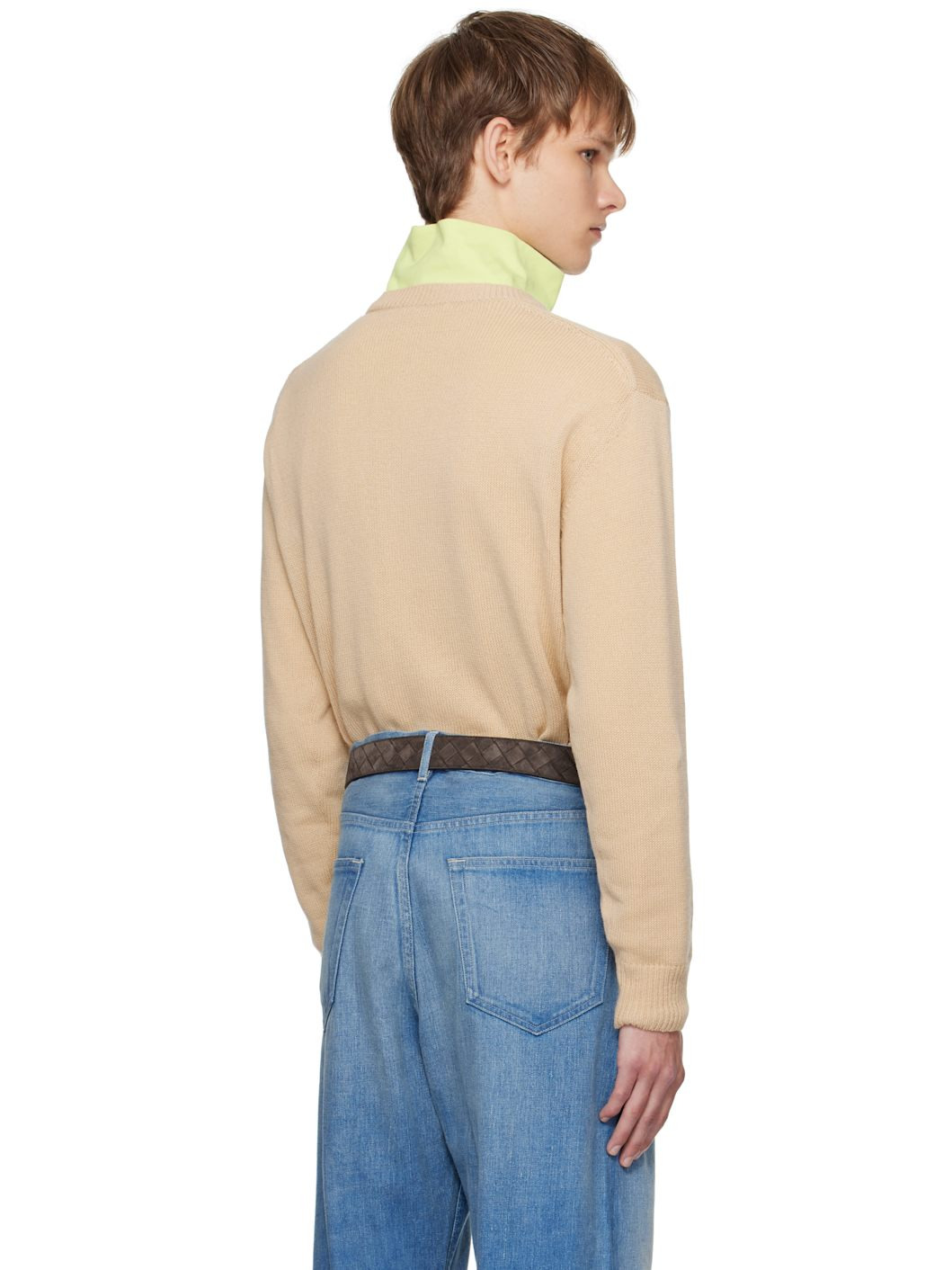 Beige Light Cashmere Knit V-Neck Sweater - 3