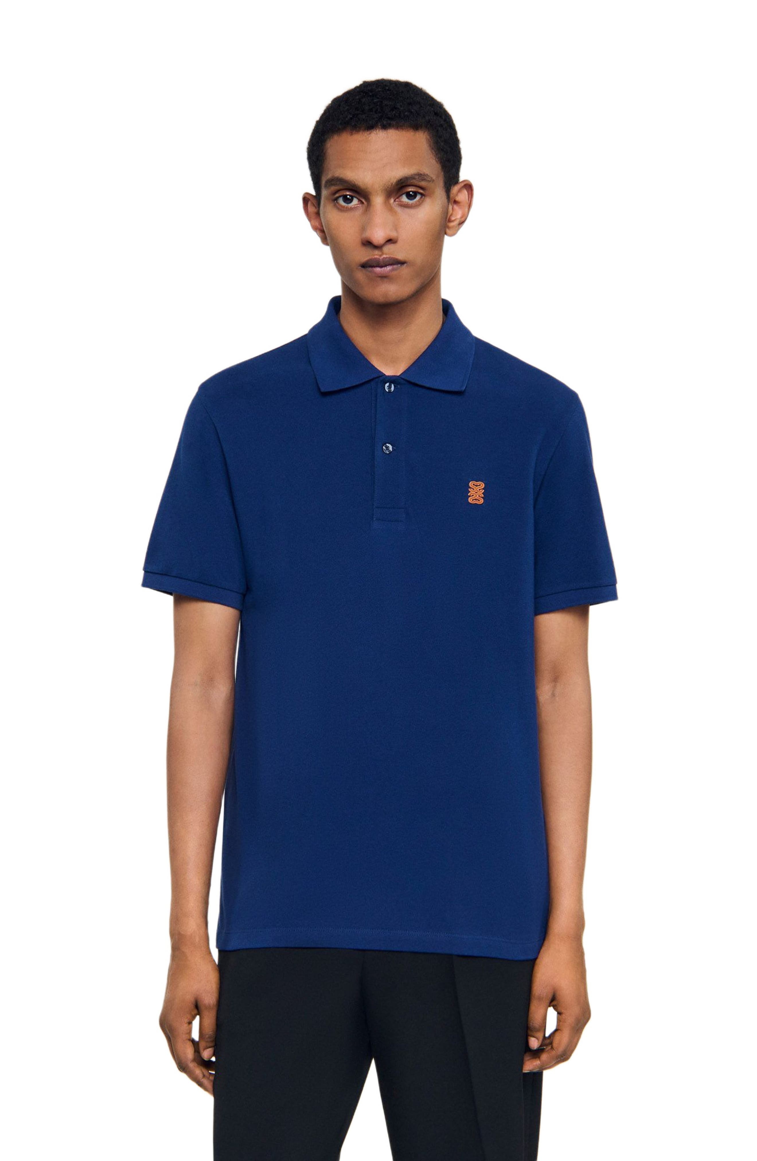 SANDRO Polo shirt with leather logo in Navy Blue at Nordstrom - 3