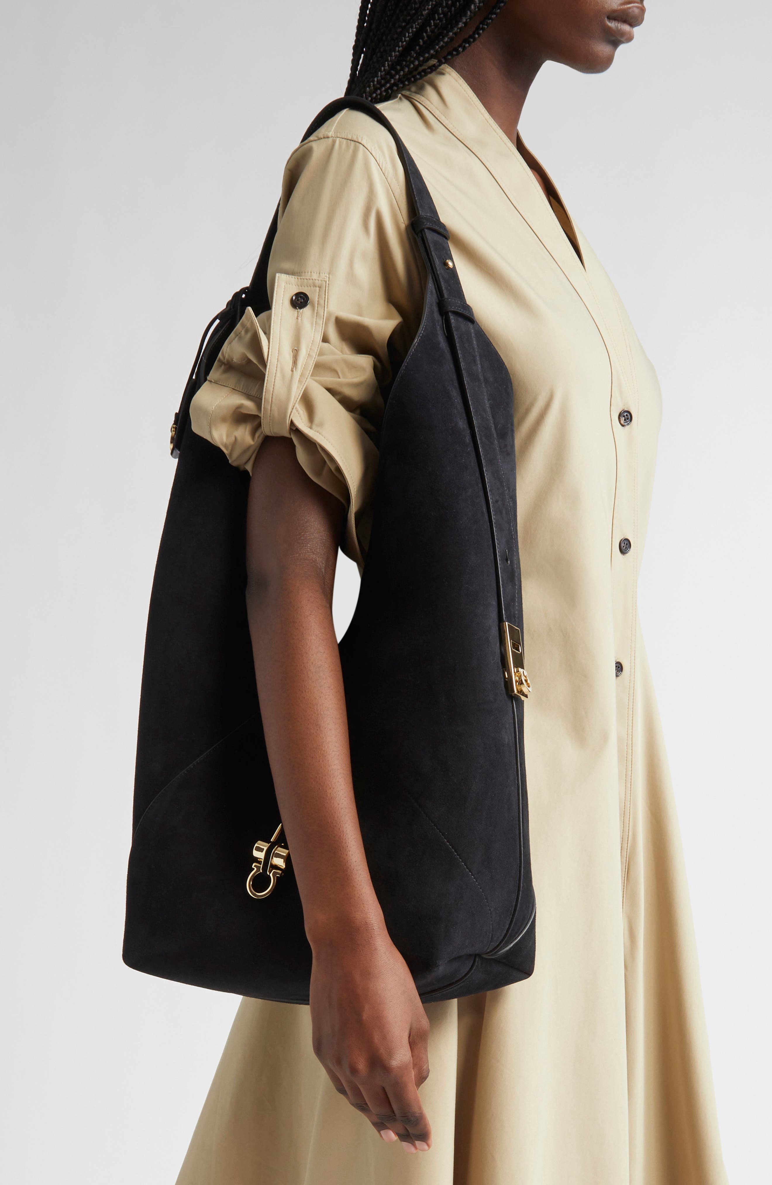 FERRAGAMO Origami Suede Hobo Bag in Nero at Nordstrom - 2