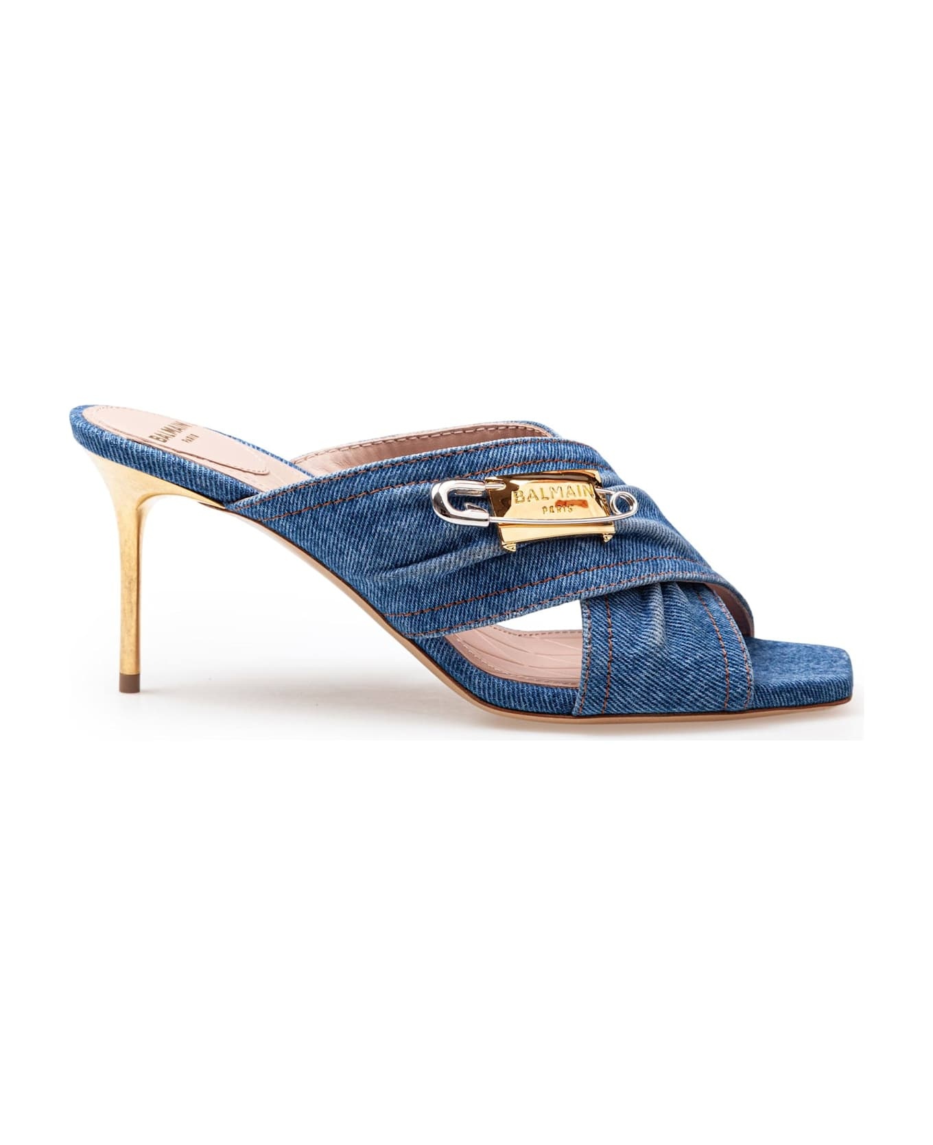 Balmain Safety Mule In Denim Fabric With Applied Pin - 1