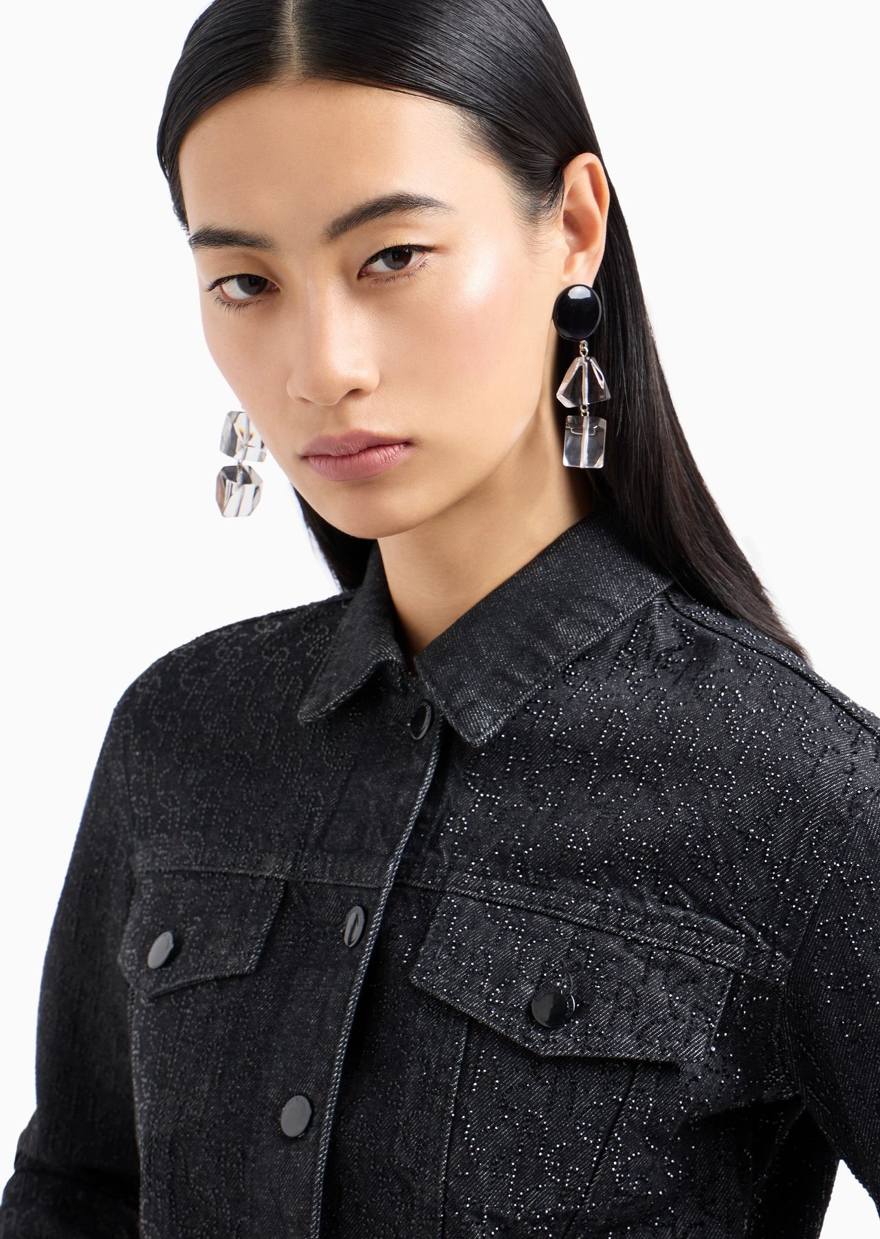 Cropped 12.5 oz denim jacket with all-over rhinestone logo - 5