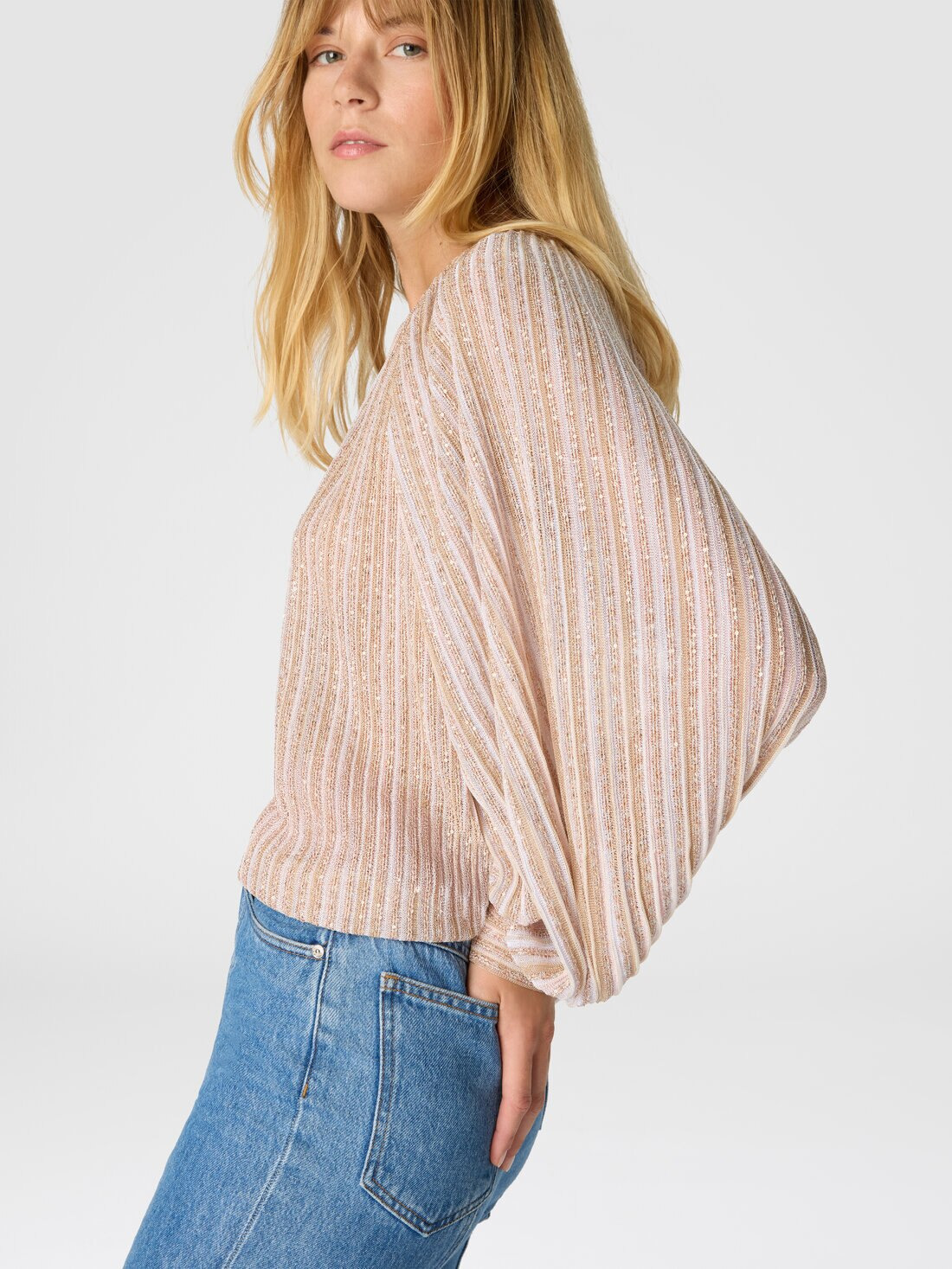 Flared Crew Neck Sweater with Lamé Stripes - 4