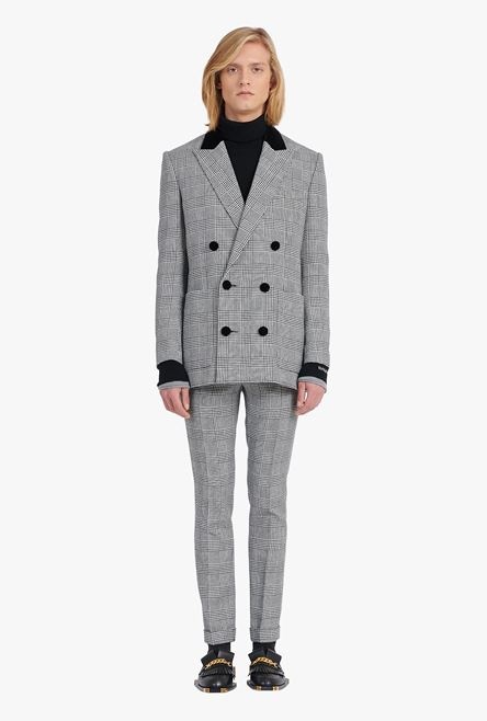 White and black glen plaid wool blazer with black velvet collar - 4