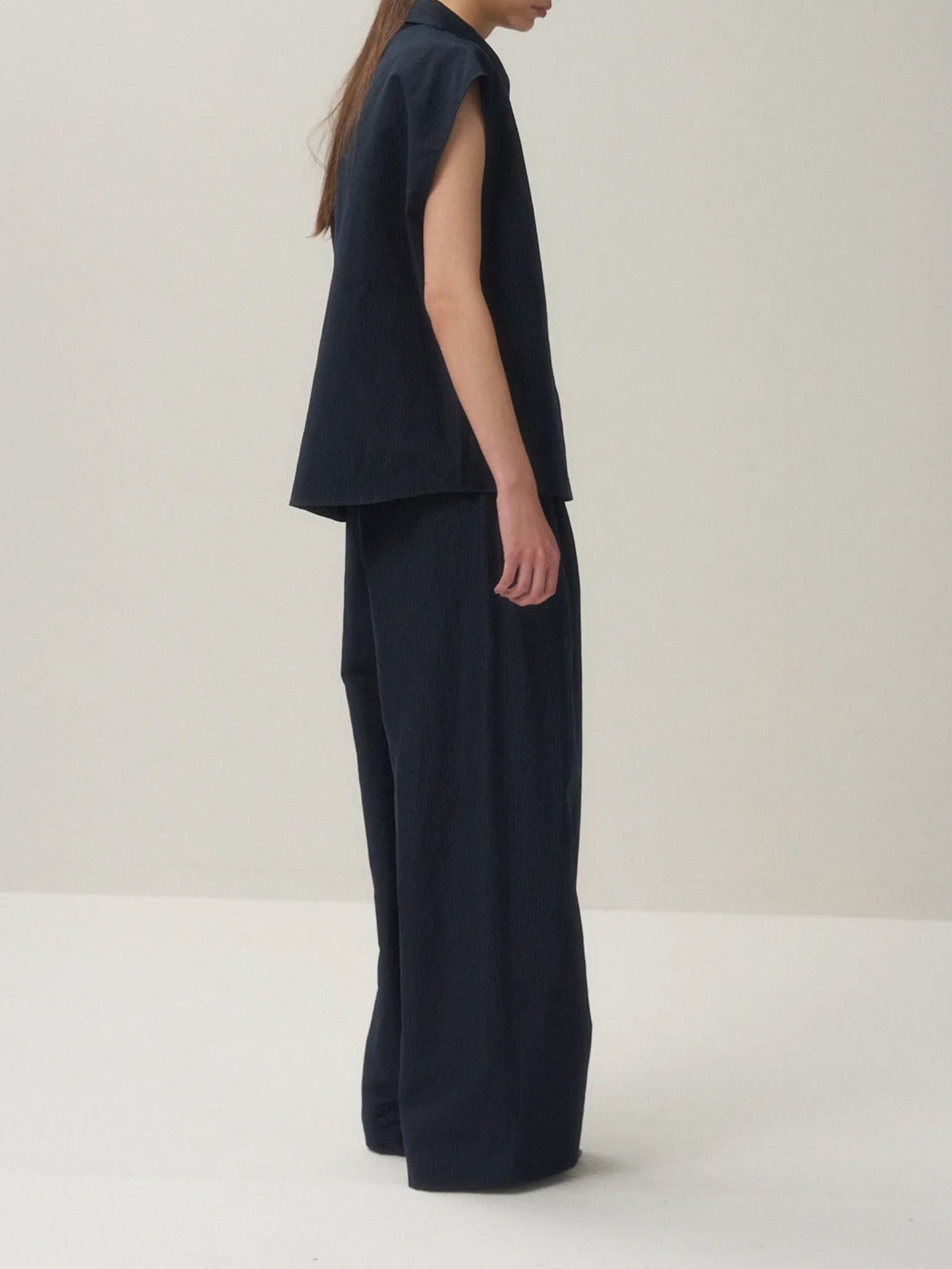 Silk Linen Shantung Two Tucked Pants - Navy x Pinstripe - 10