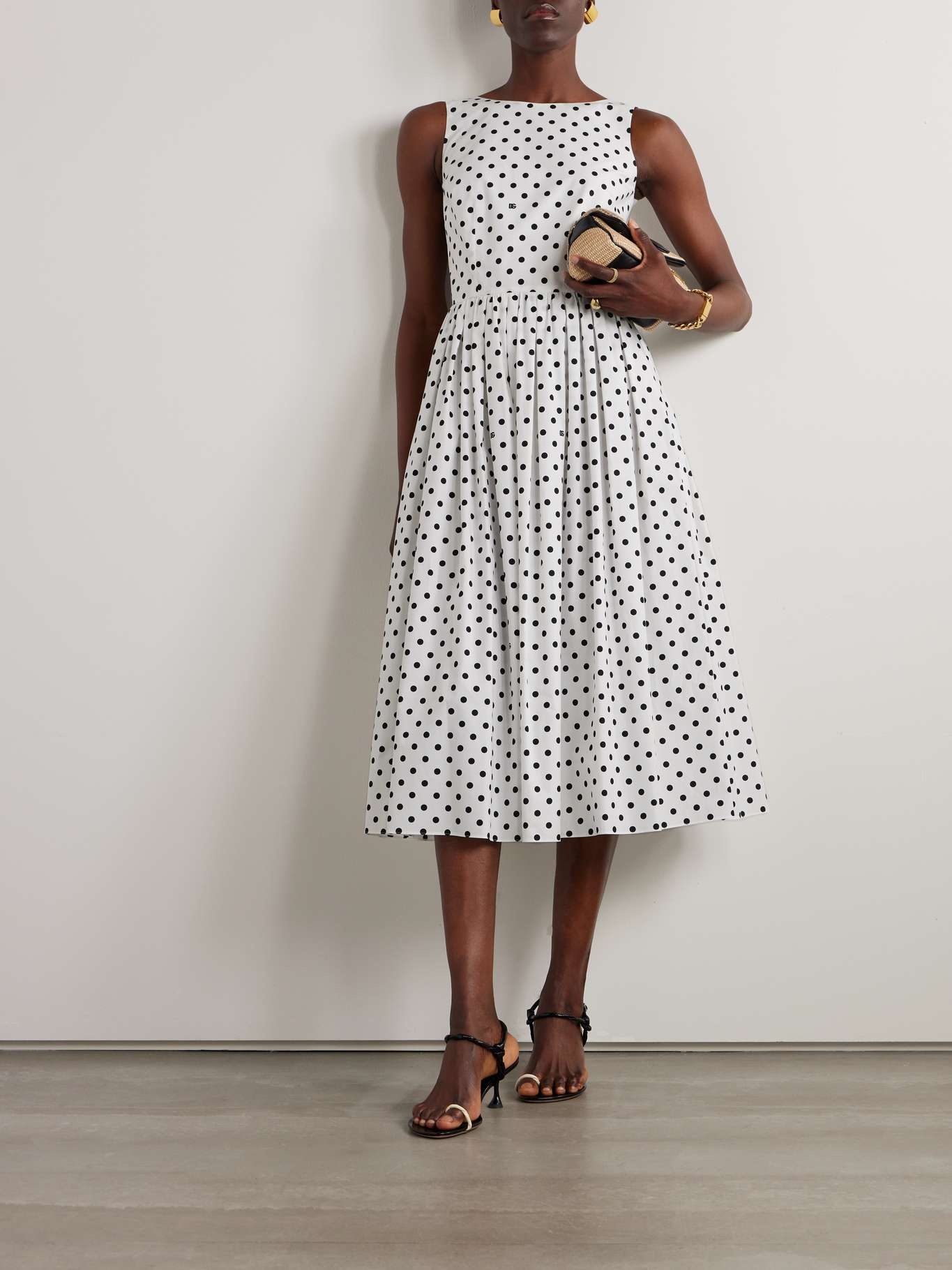 Pleated polka-dot cotton-poplin midi dress - 2