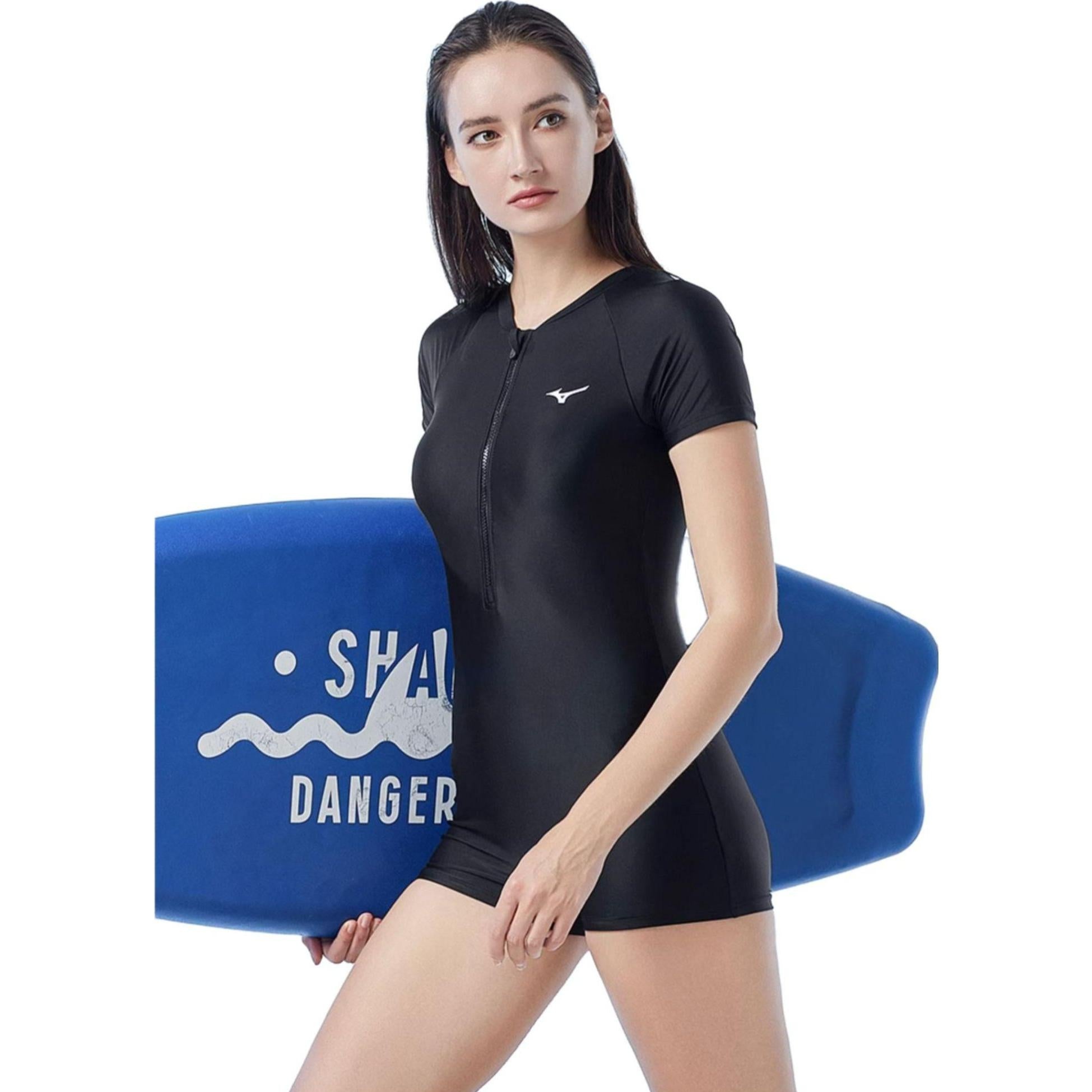 (WMNS) Mizuno Zip Up Short Sleeve Swimsuit 'Black' N2CA1347 - 4
