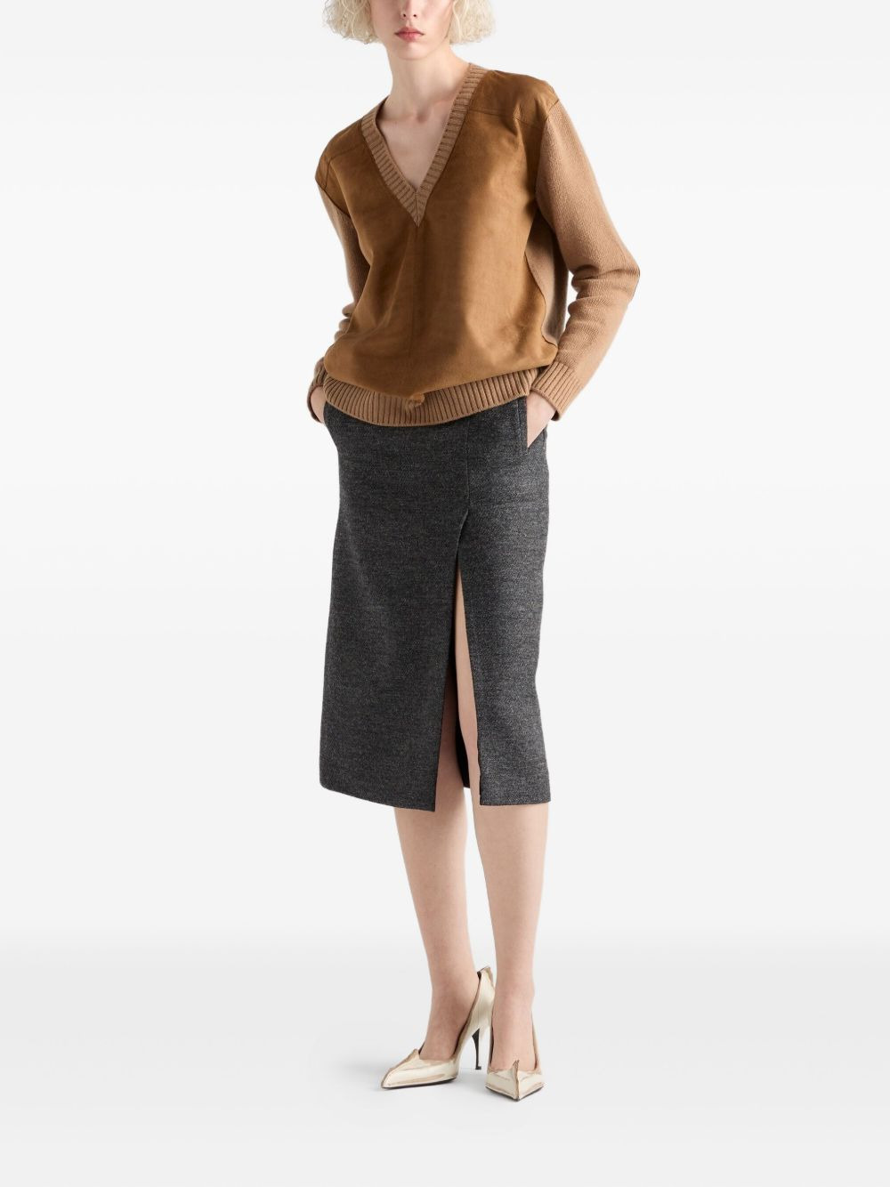 suede-panel V-neck sweater - 2