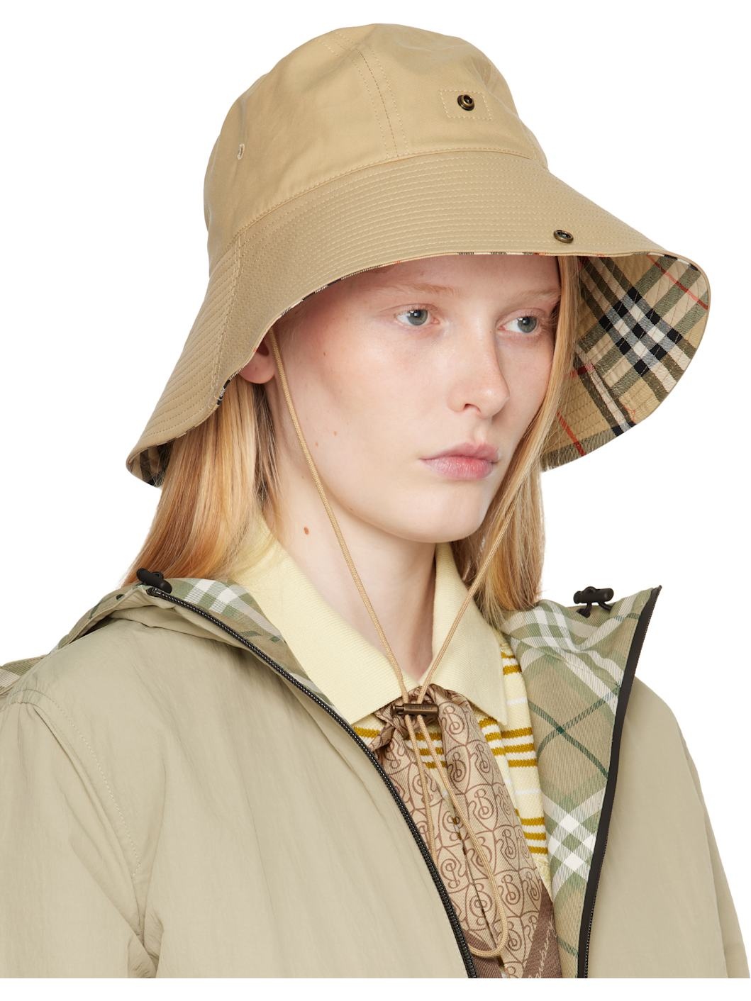 Beige Check Brim Gabardine Bucket Hat - 2