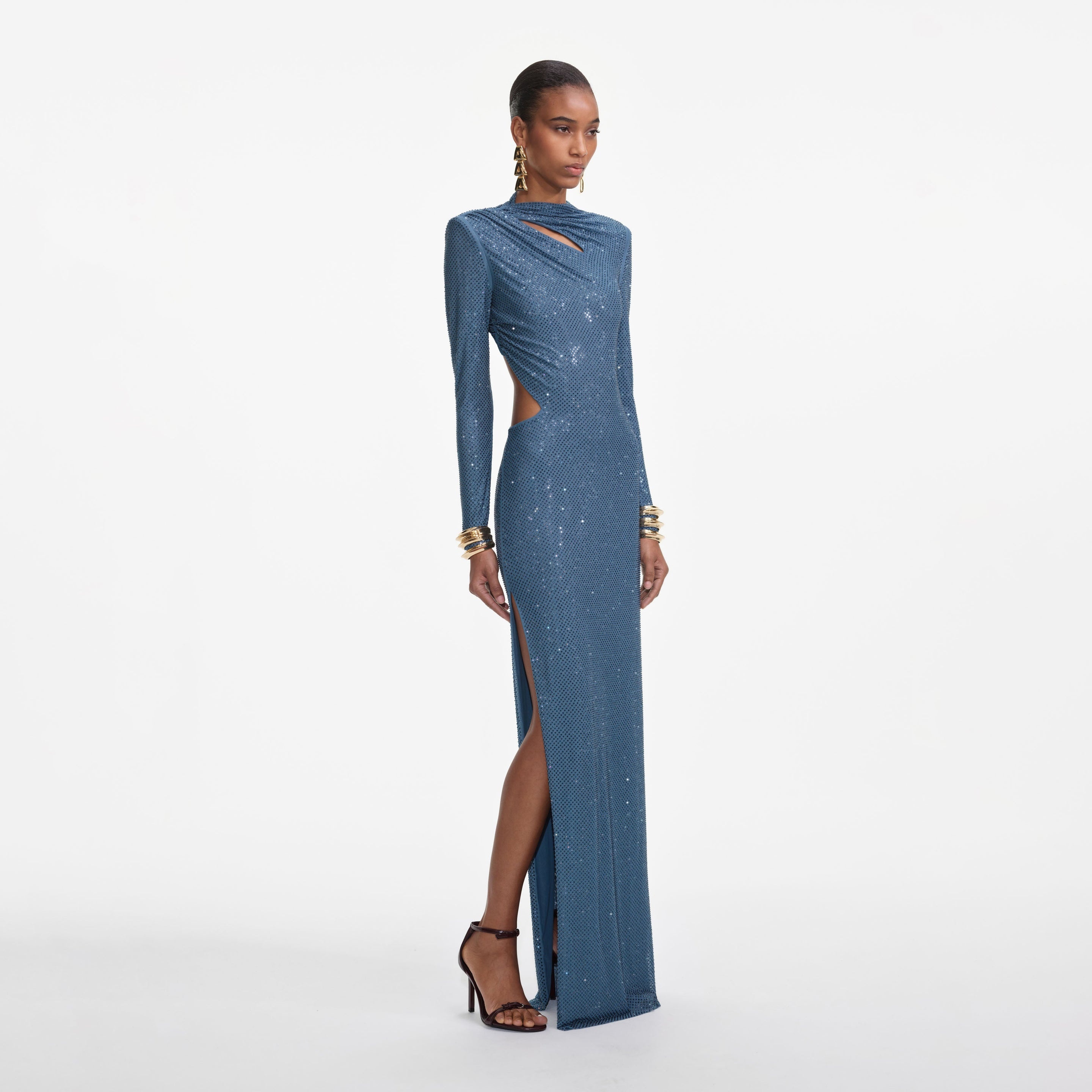 Blue Rhinestone Gathered Maxi Dress - 2