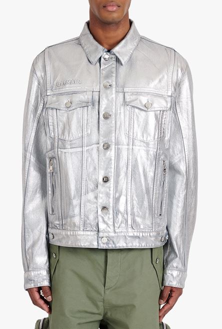 Silvery jean jacket with embossed Balmain logo - 6