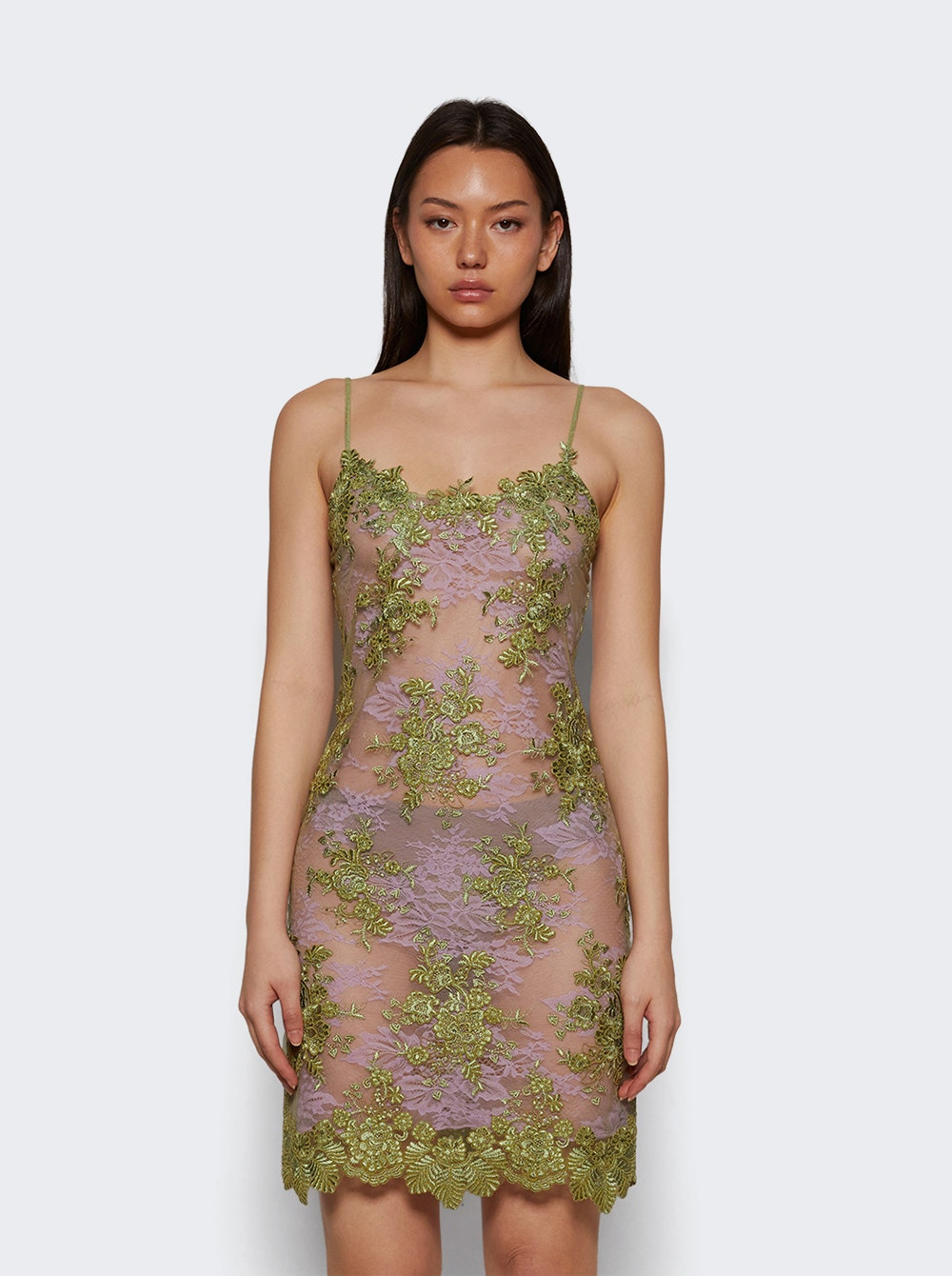 Double Layer Lace Slip Dress Green - 2