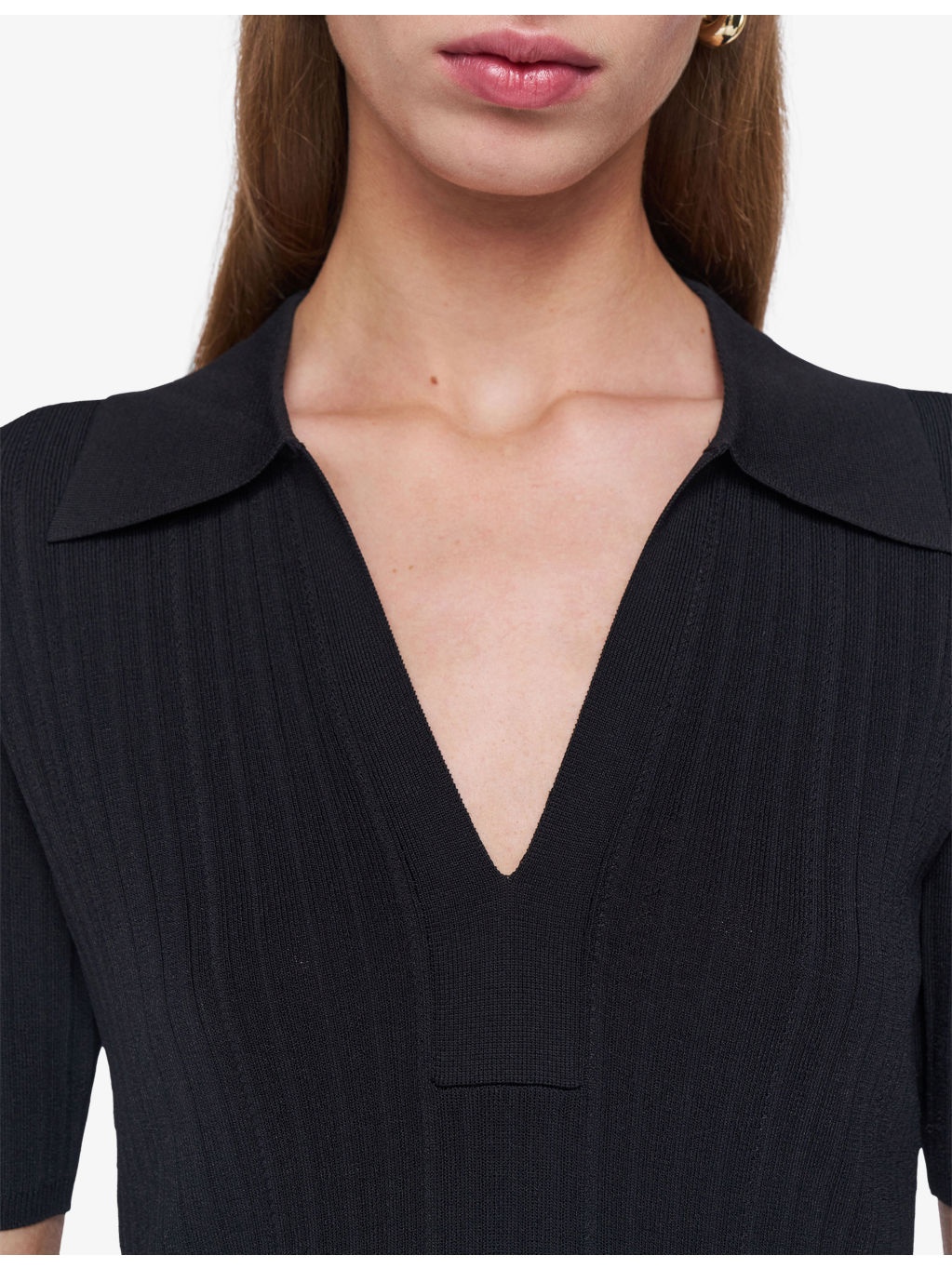 Ribbed V-Neck Knitted Polo Top - 6