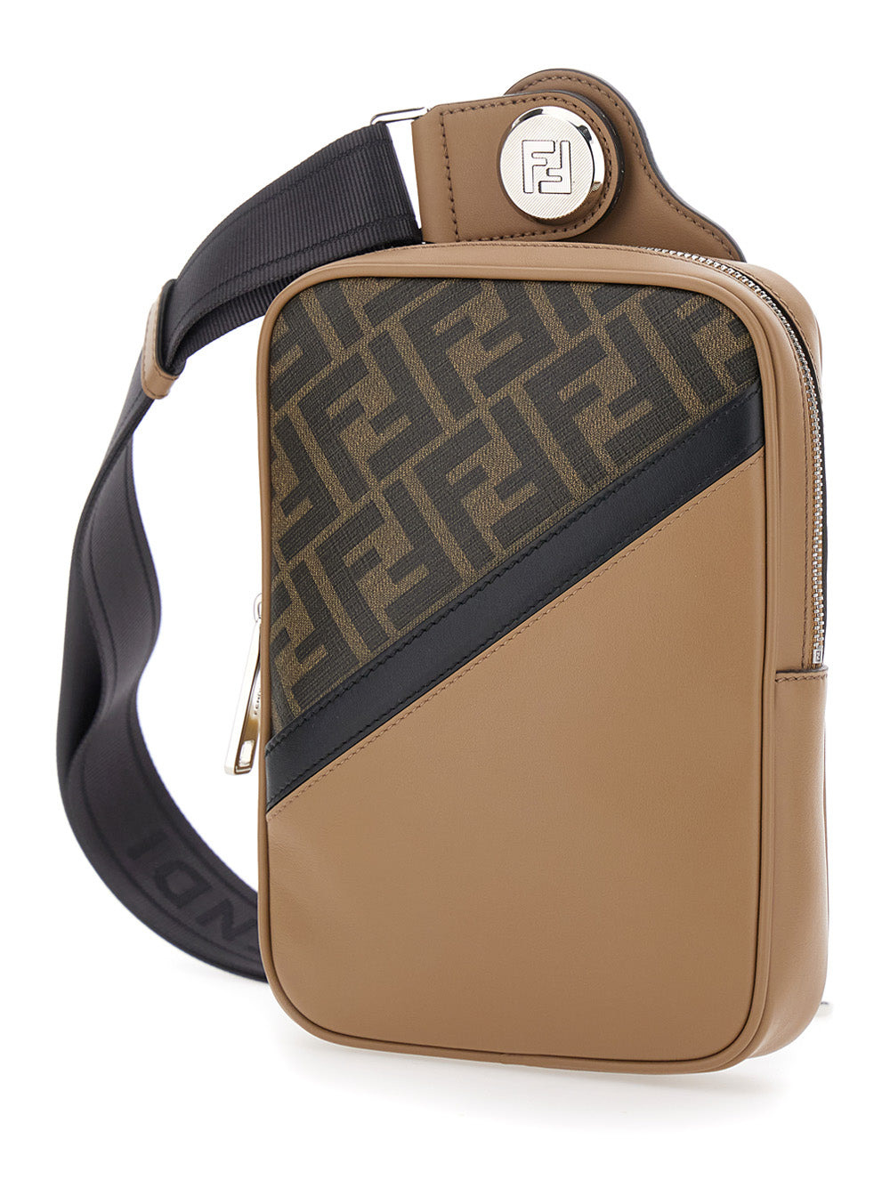 Fendi Men Brown Crossbody Bag With Logo Plaque On The Front And Shoulder Strap In Ff Canvas And Leat - 2