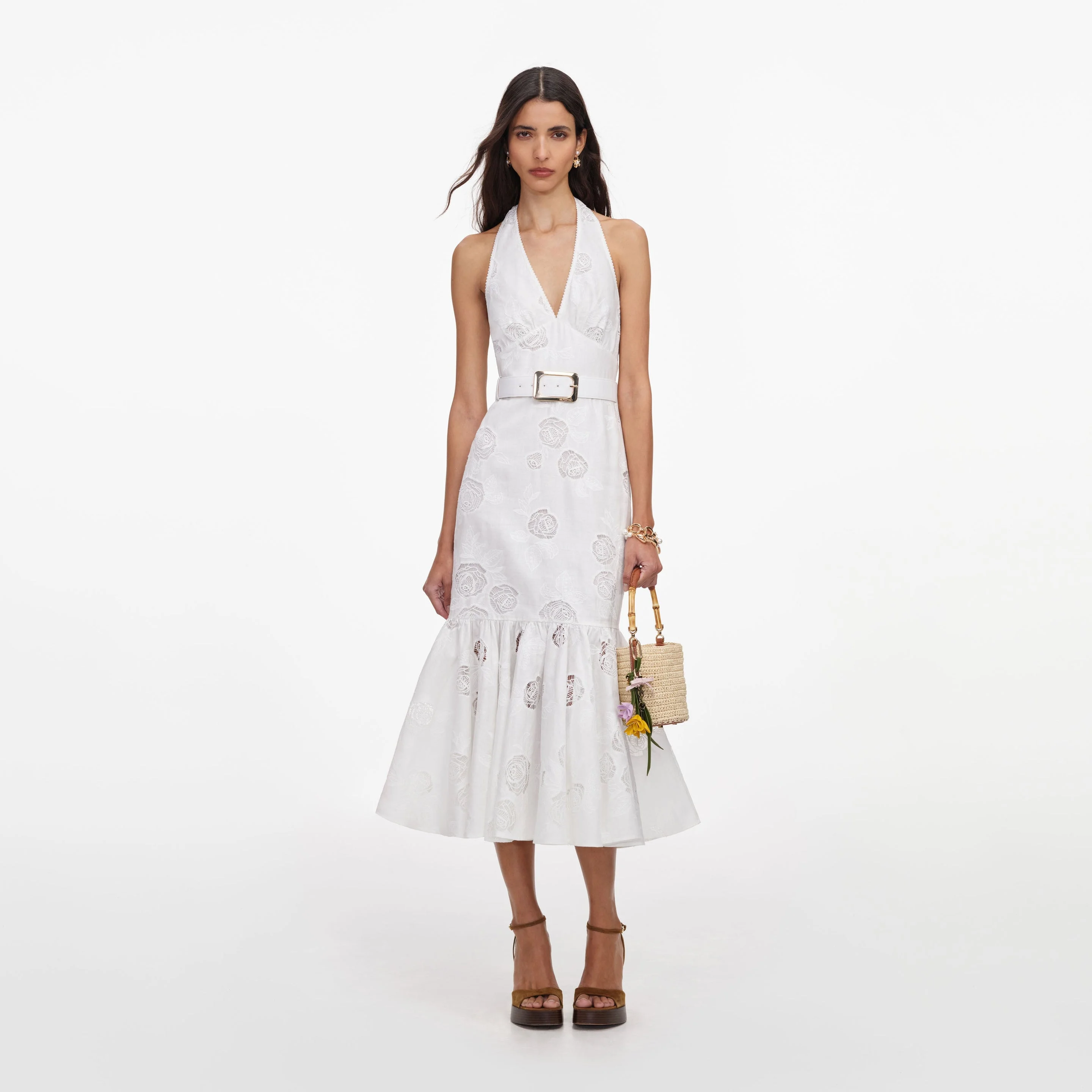 White Linen Blend Halterneck Midi Dress - 1