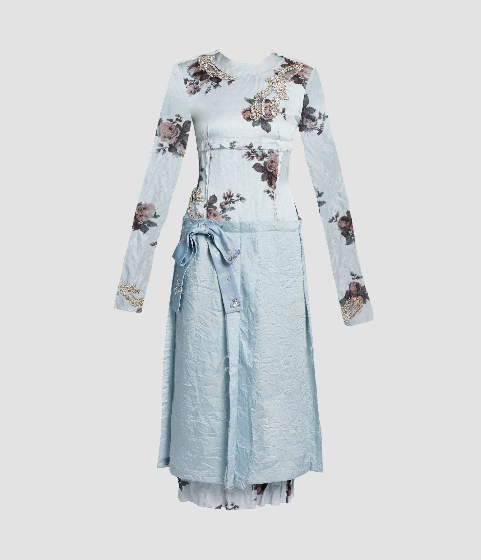 EMBROIDERED CRUSHED FLUID SATIN LONG SLEEVE MIDI DRESS - 1