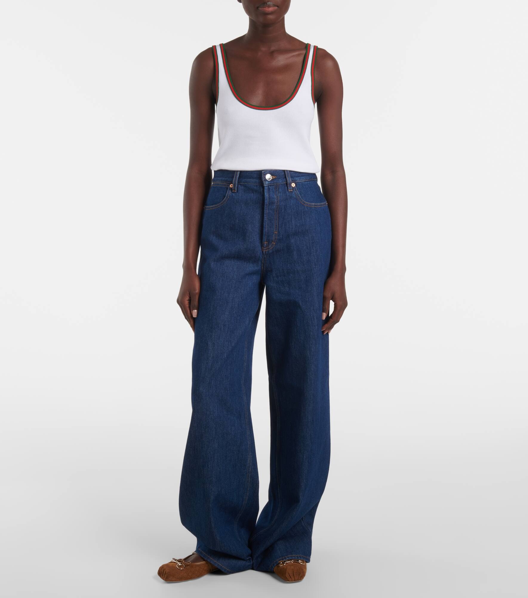 Leather-trimmed wide-leg jeans - 7