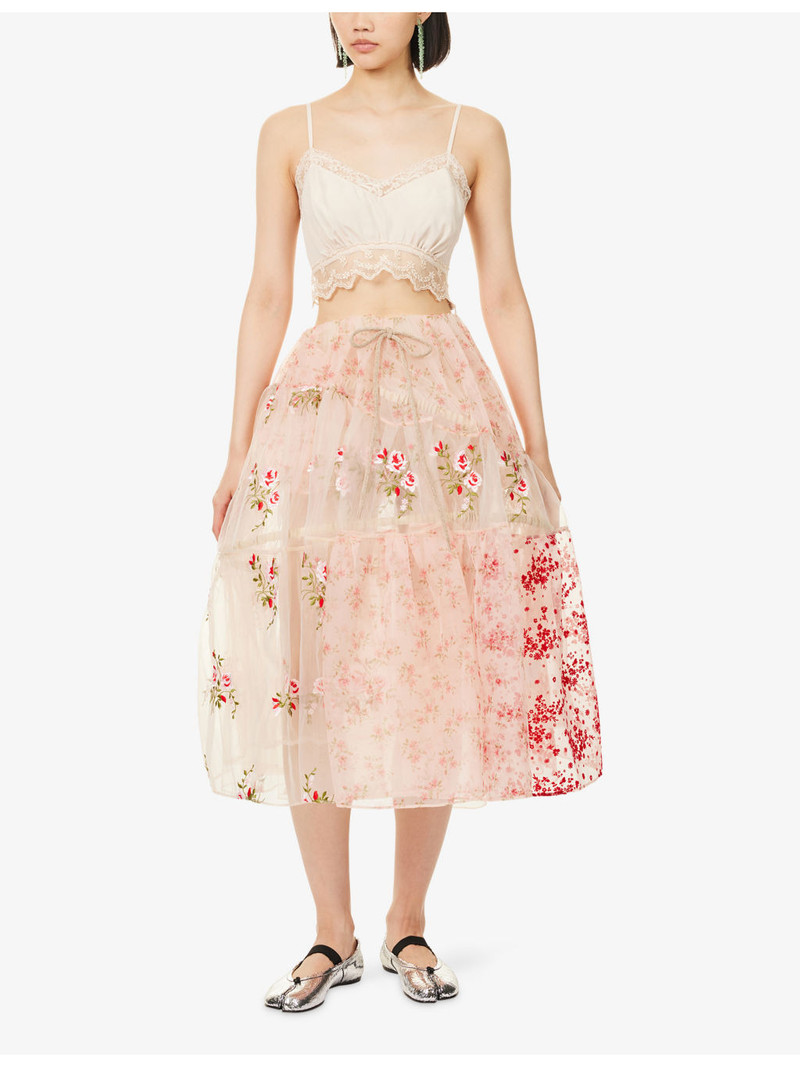 Simone Rocha Floral-Embroidered Sheer Midi Skirt outlook