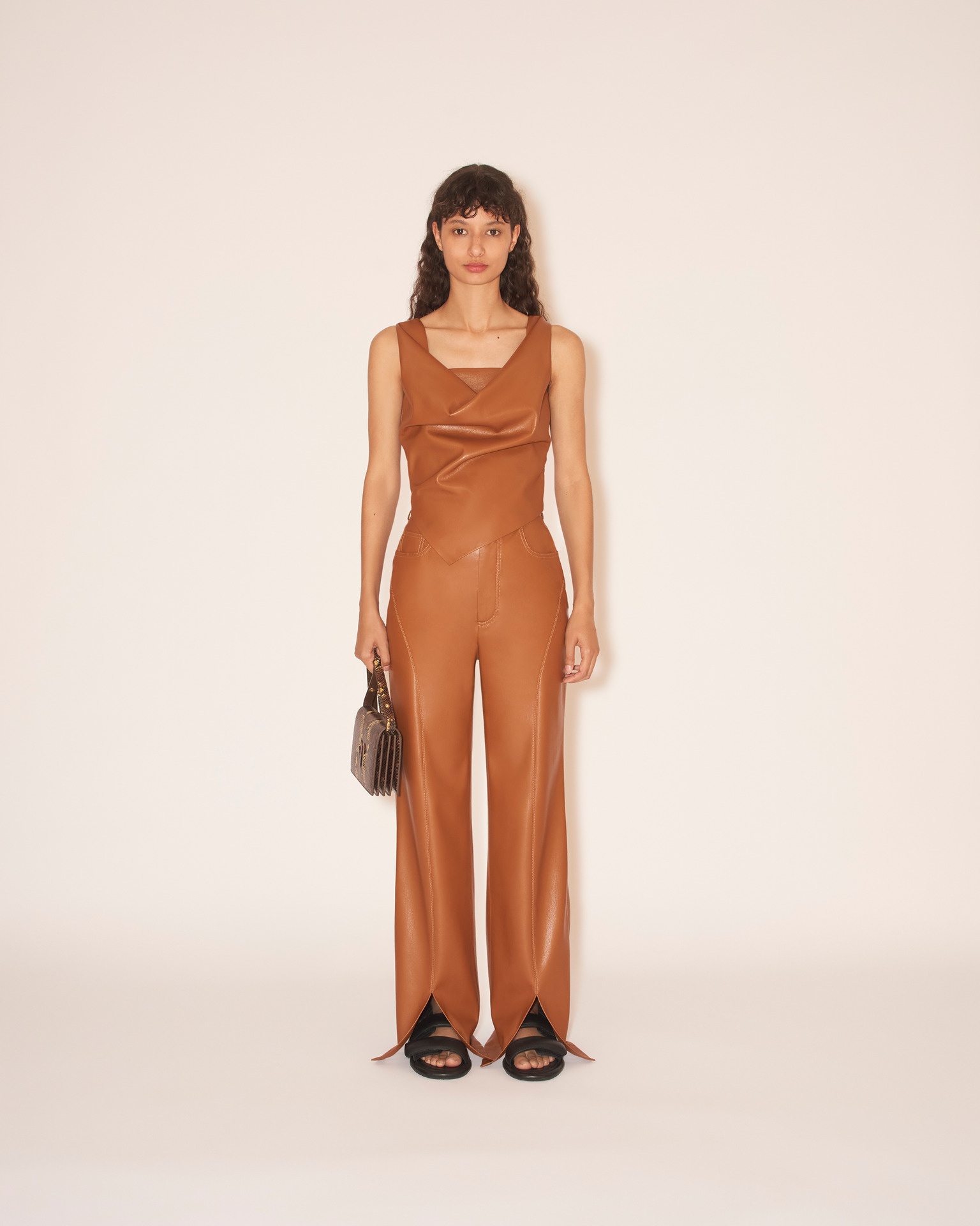 BASHA - OKOBOR™ alt-leather split hem trousers - Tobacco - 4