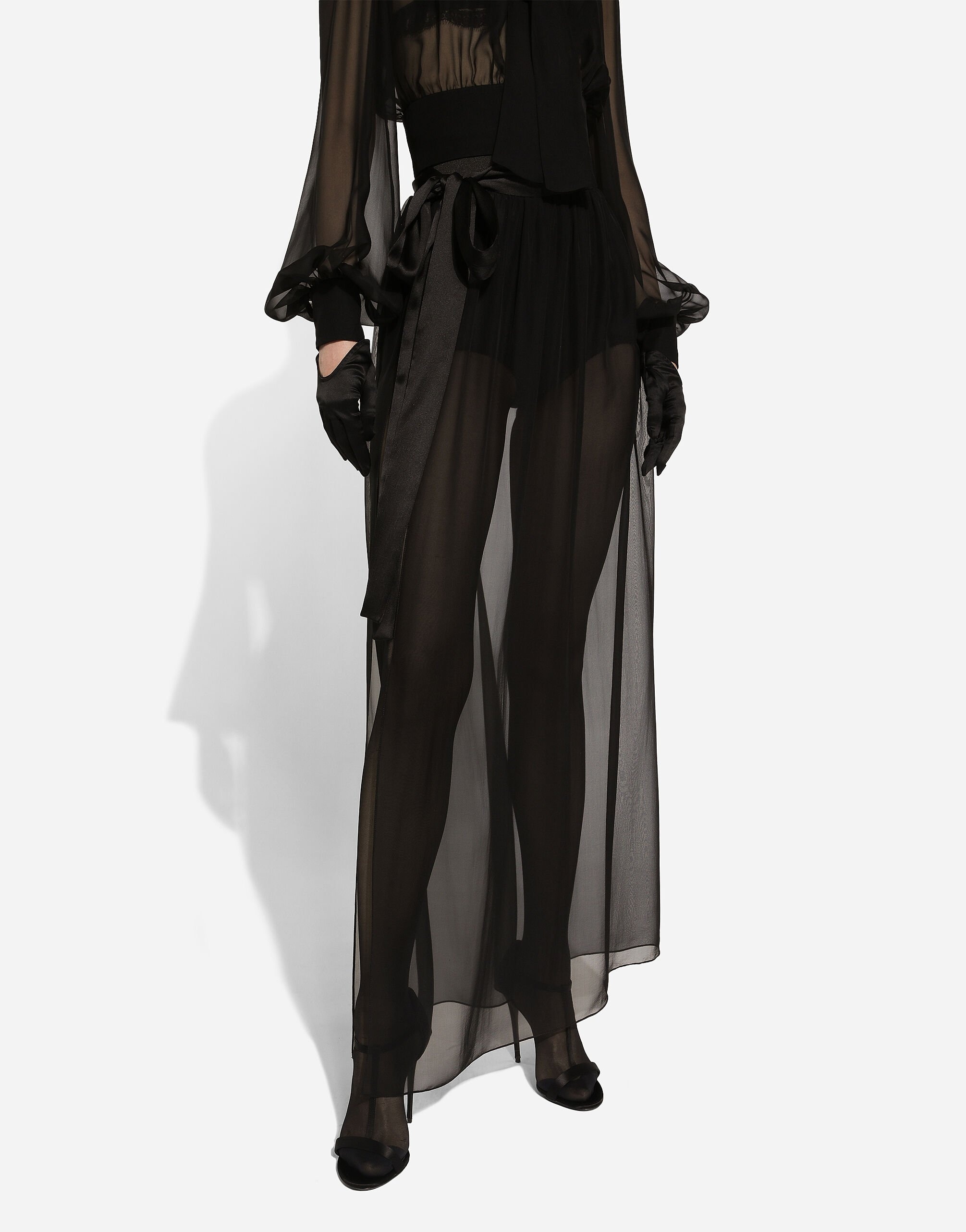 Long silk chiffon skirt with belt - 6