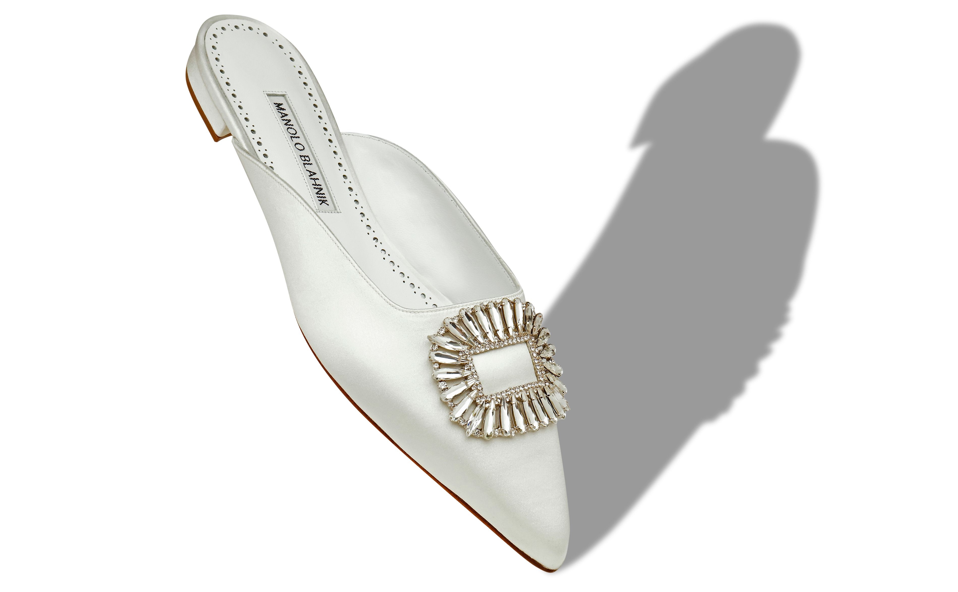 White Satin Shell Crystal Embellished Mules - 2
