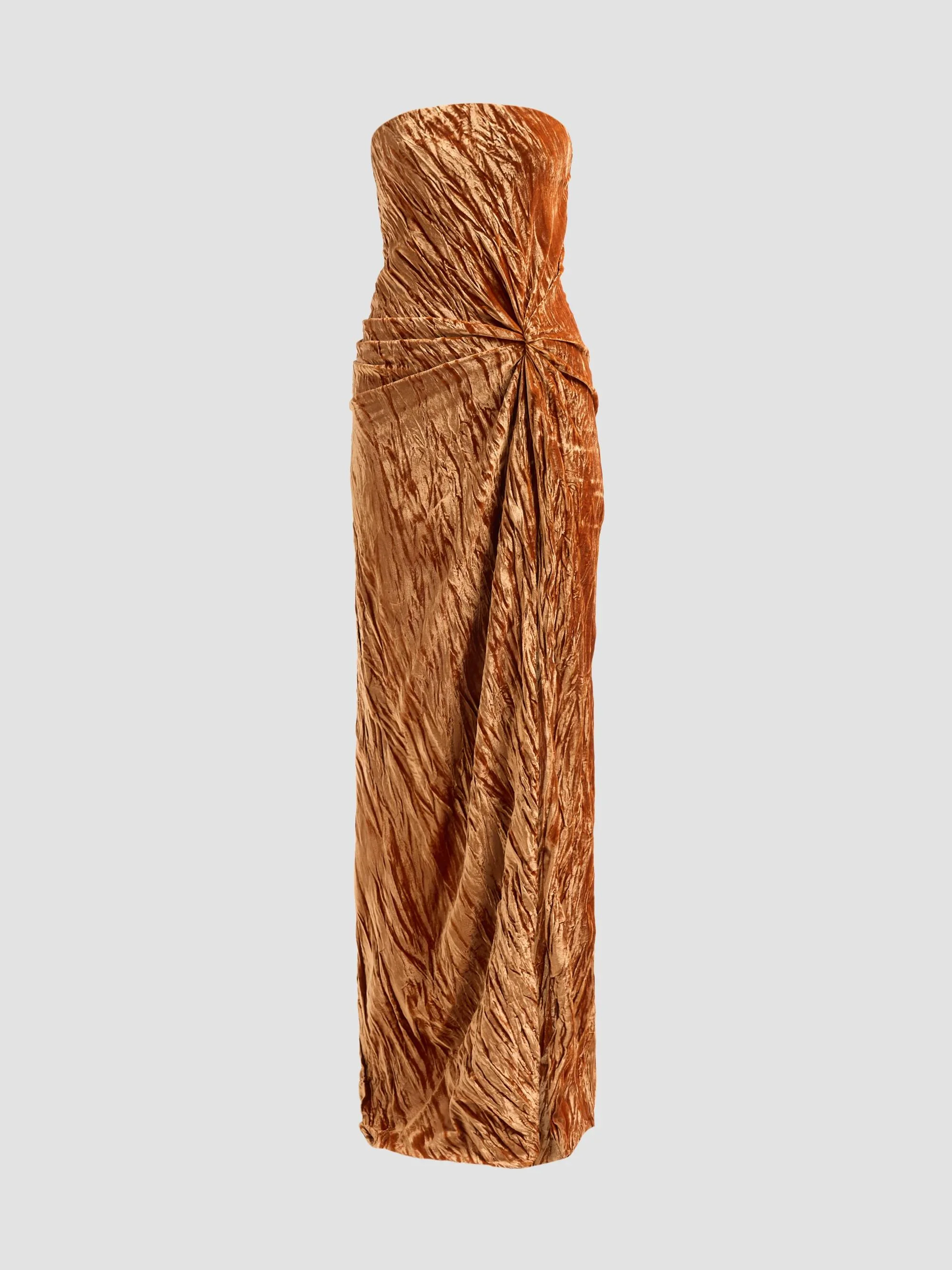 Women's Pleated Velvet Draped Strapless Gown - Copper - 1