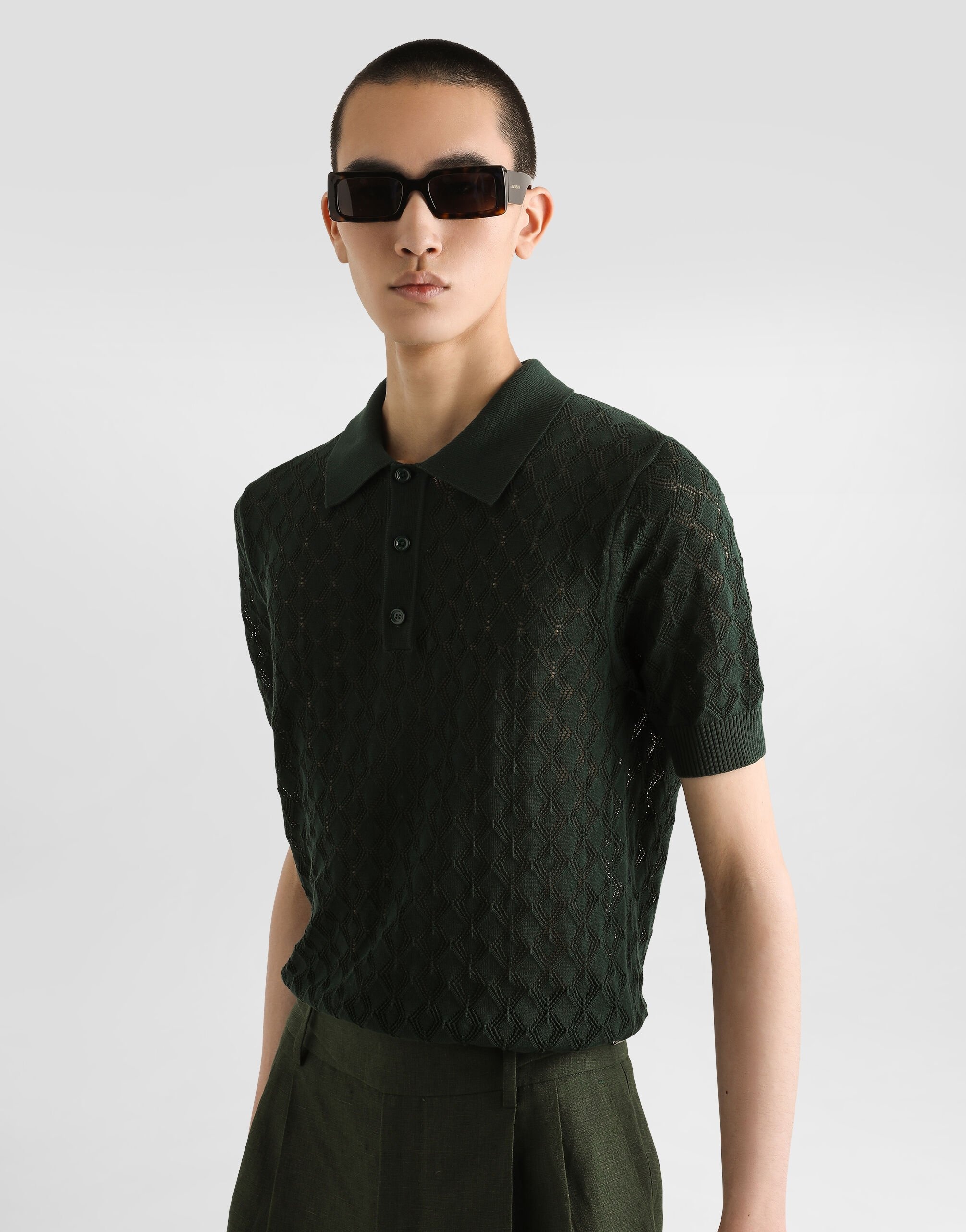 Short-sleeved cotton openwork polo-shirt - 4