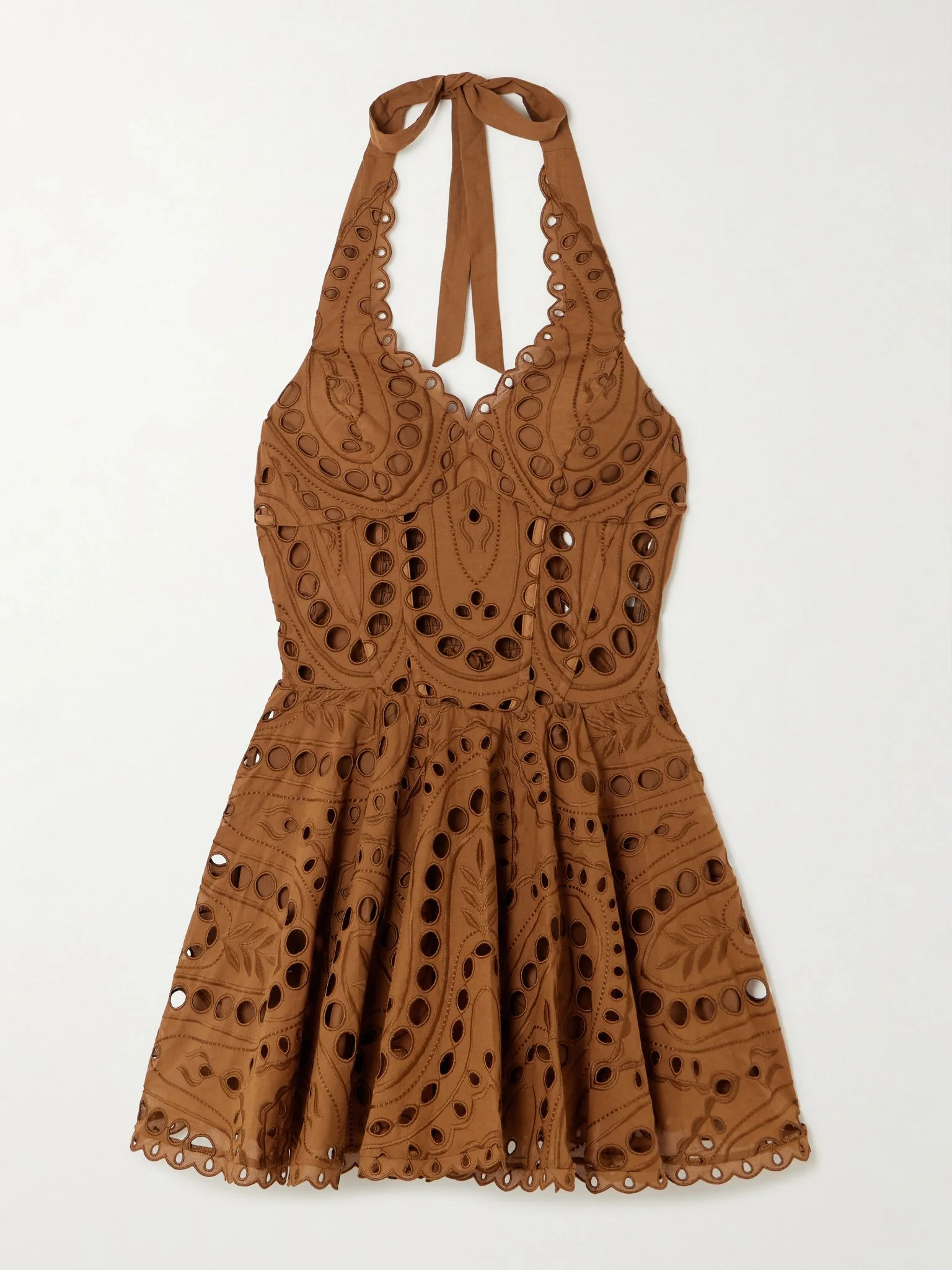 Sandlight broderie anglaise cotton-blend halterneck mini dress Brown - 1