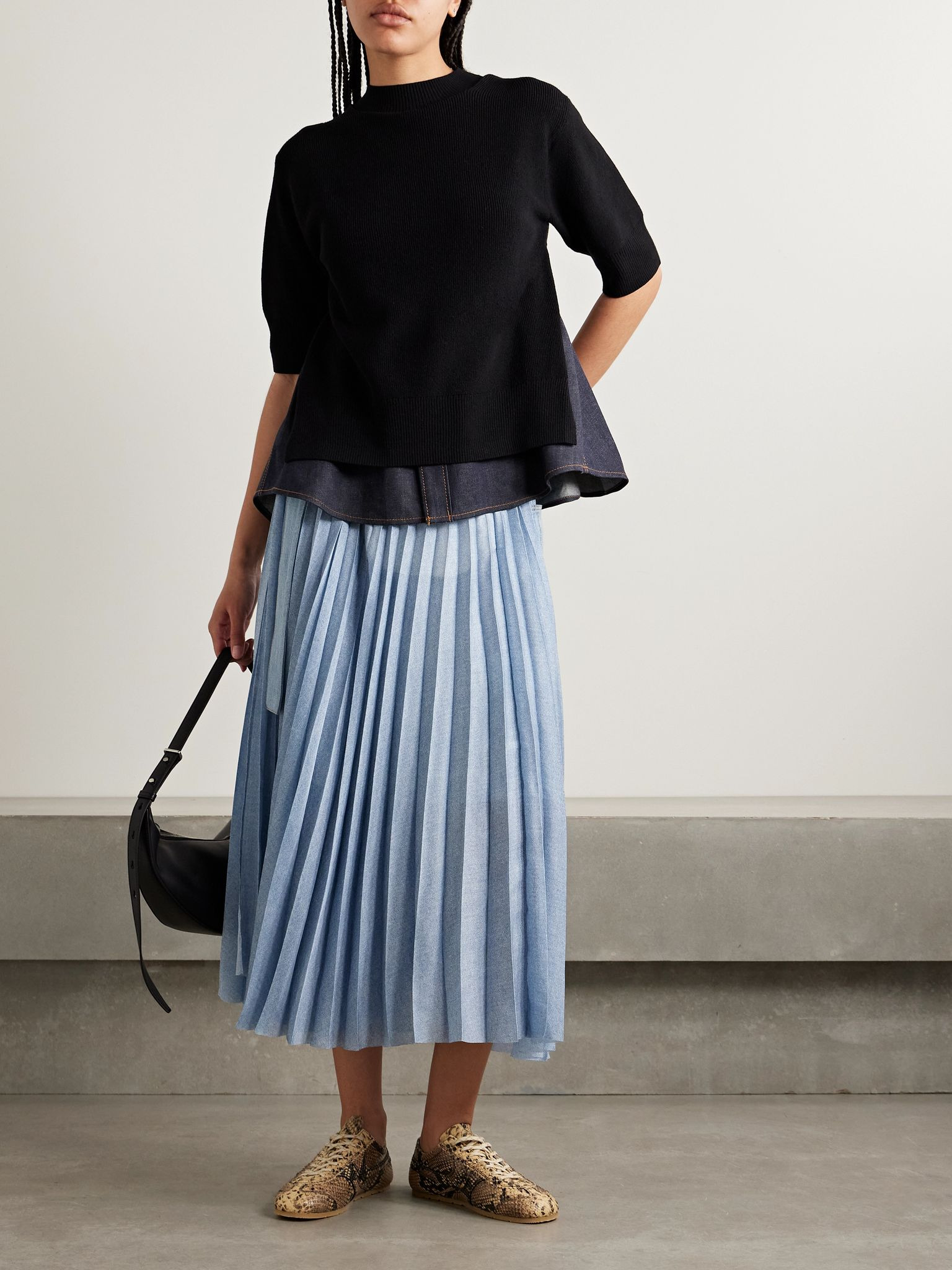 Paneled ribbed-knit and denim top Black - 2