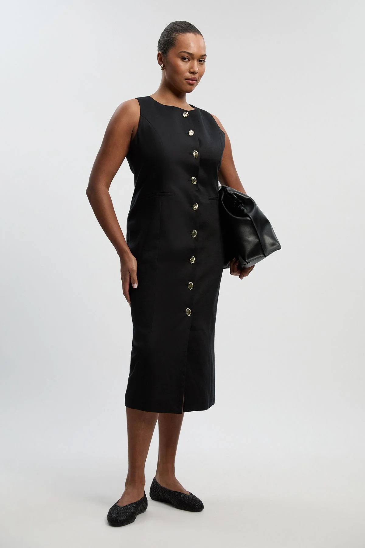 Plus Size Tailored Linen Statement Button Front Pencil Midi Dress - 1