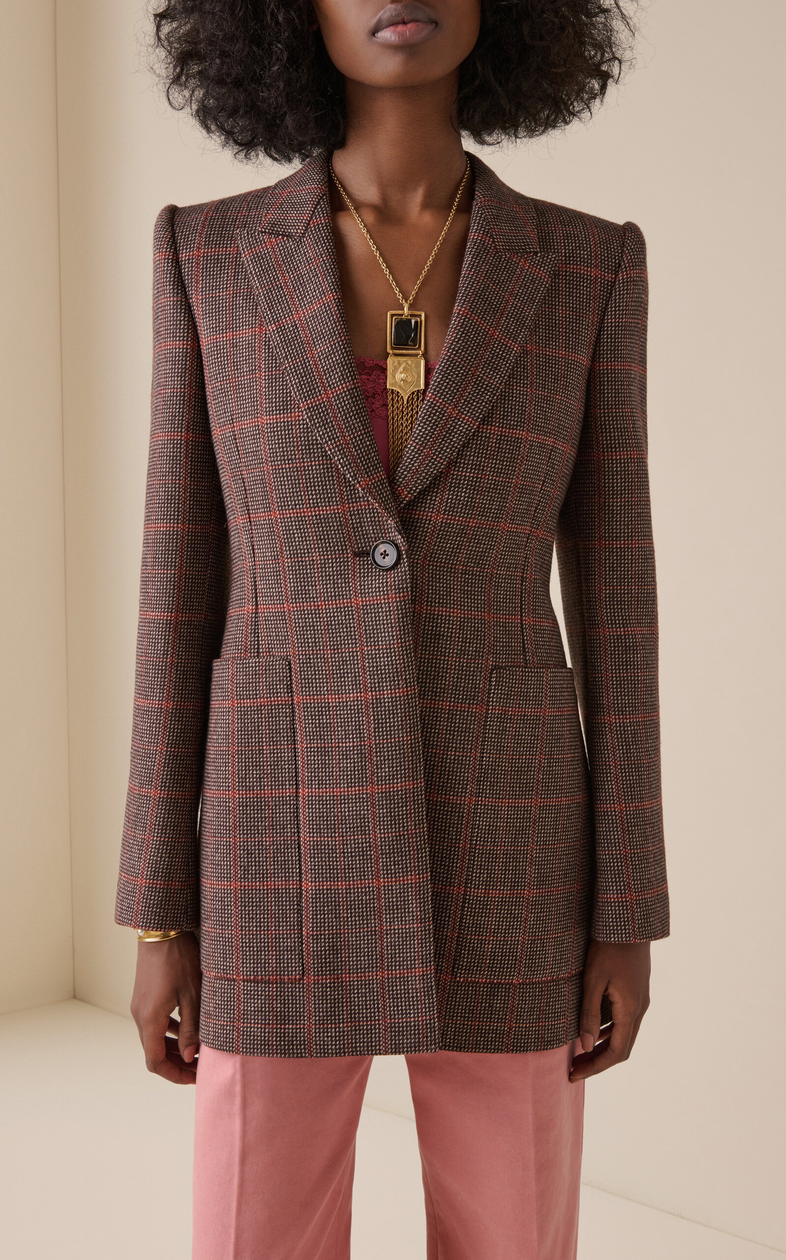 Long Checked-Wool Blazer brown - 2
