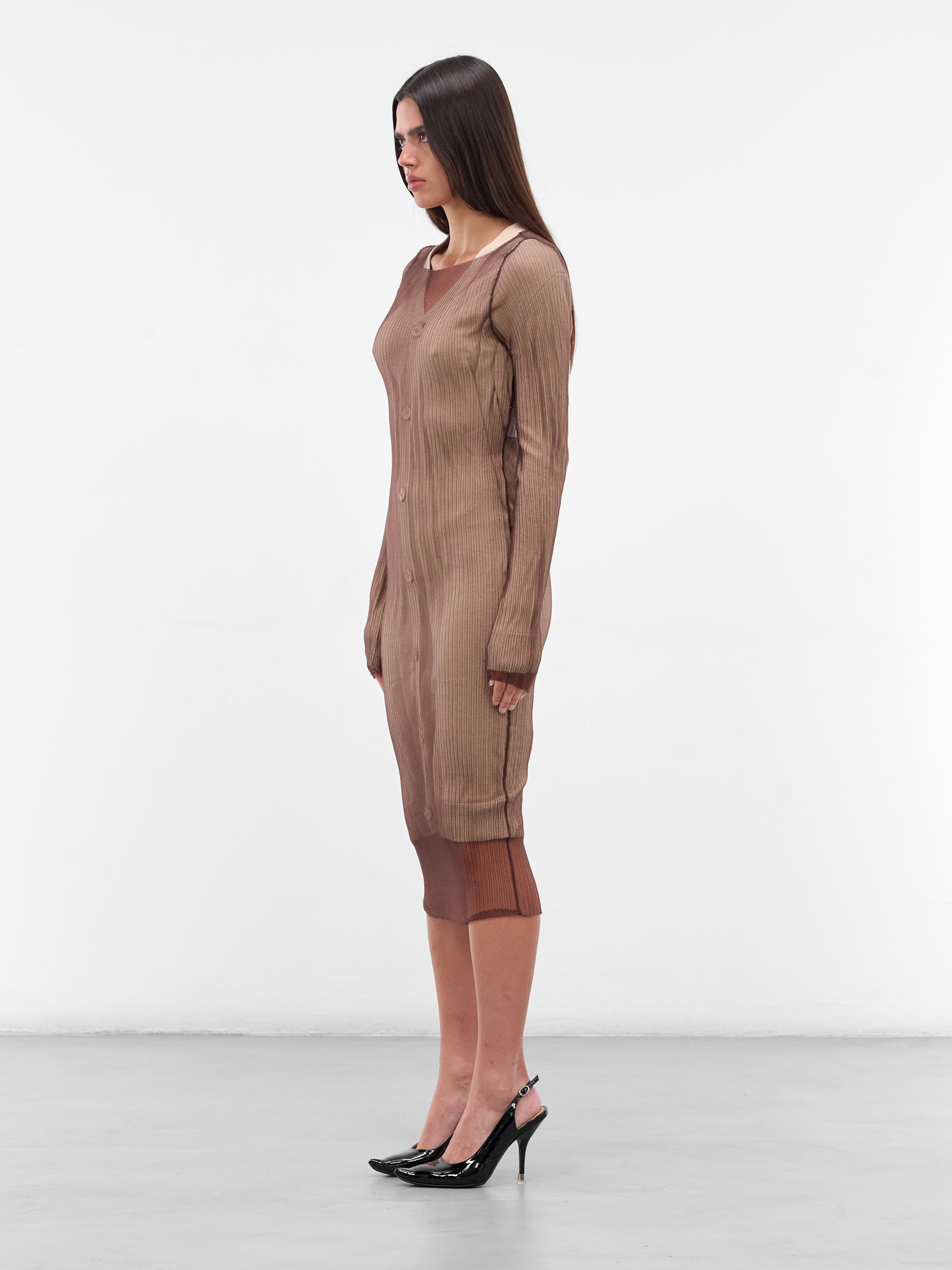 Brown Ribbed Overlay Midi Dress - 2