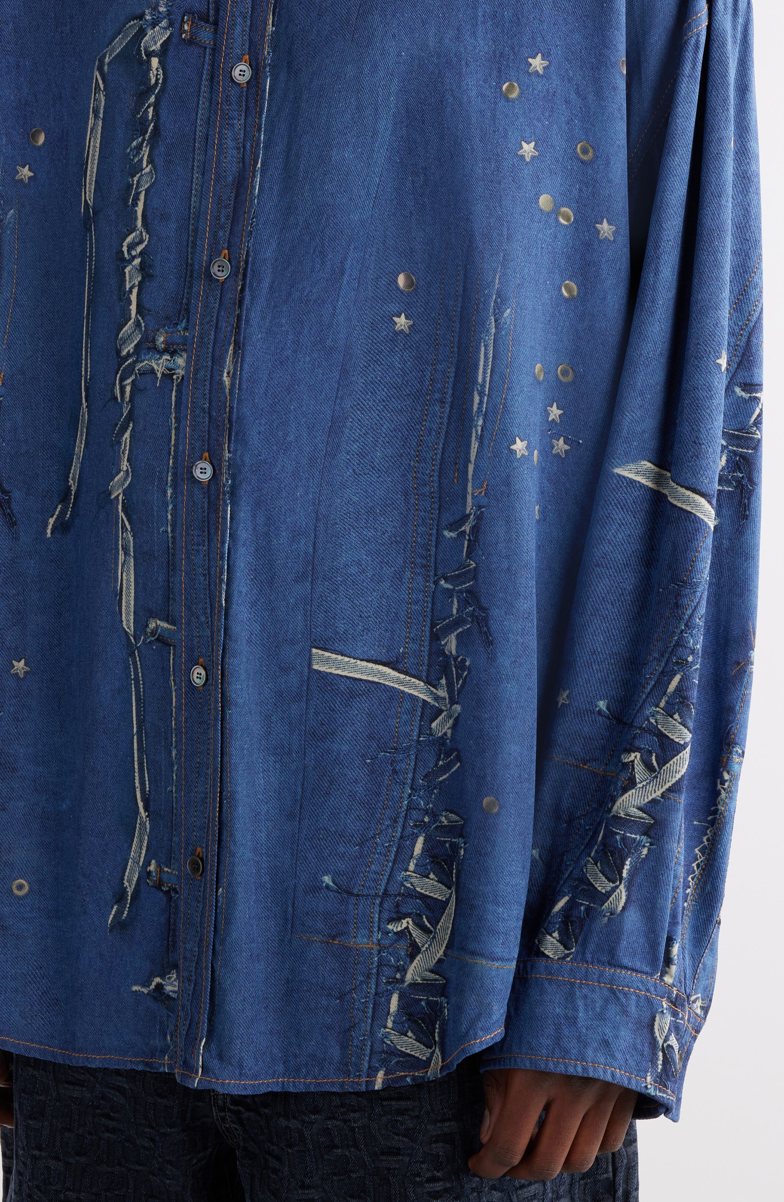 Acne Studios Trompe l'Oeil Repaired & Embellished Button-Up Shirt in Navy Multi at Nordstrom - 5