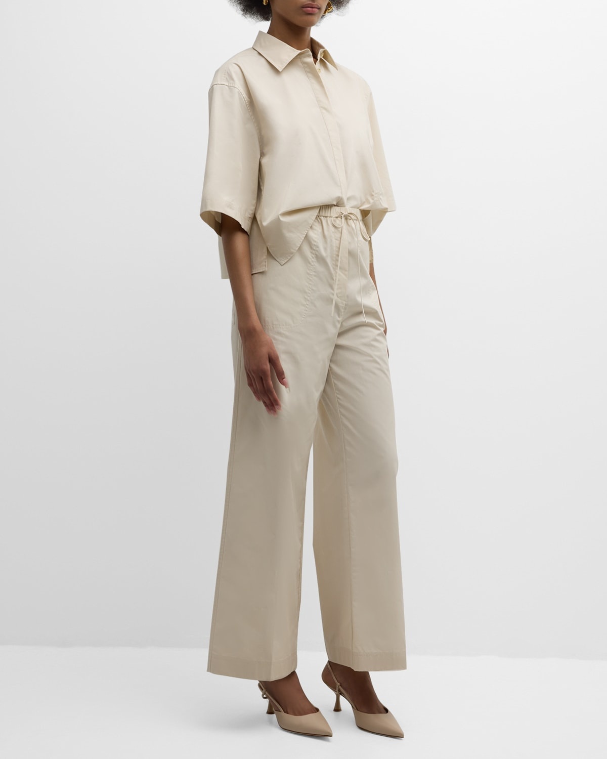 High-Rise Wide-Leg Cotton Drawstring Trousers - 3