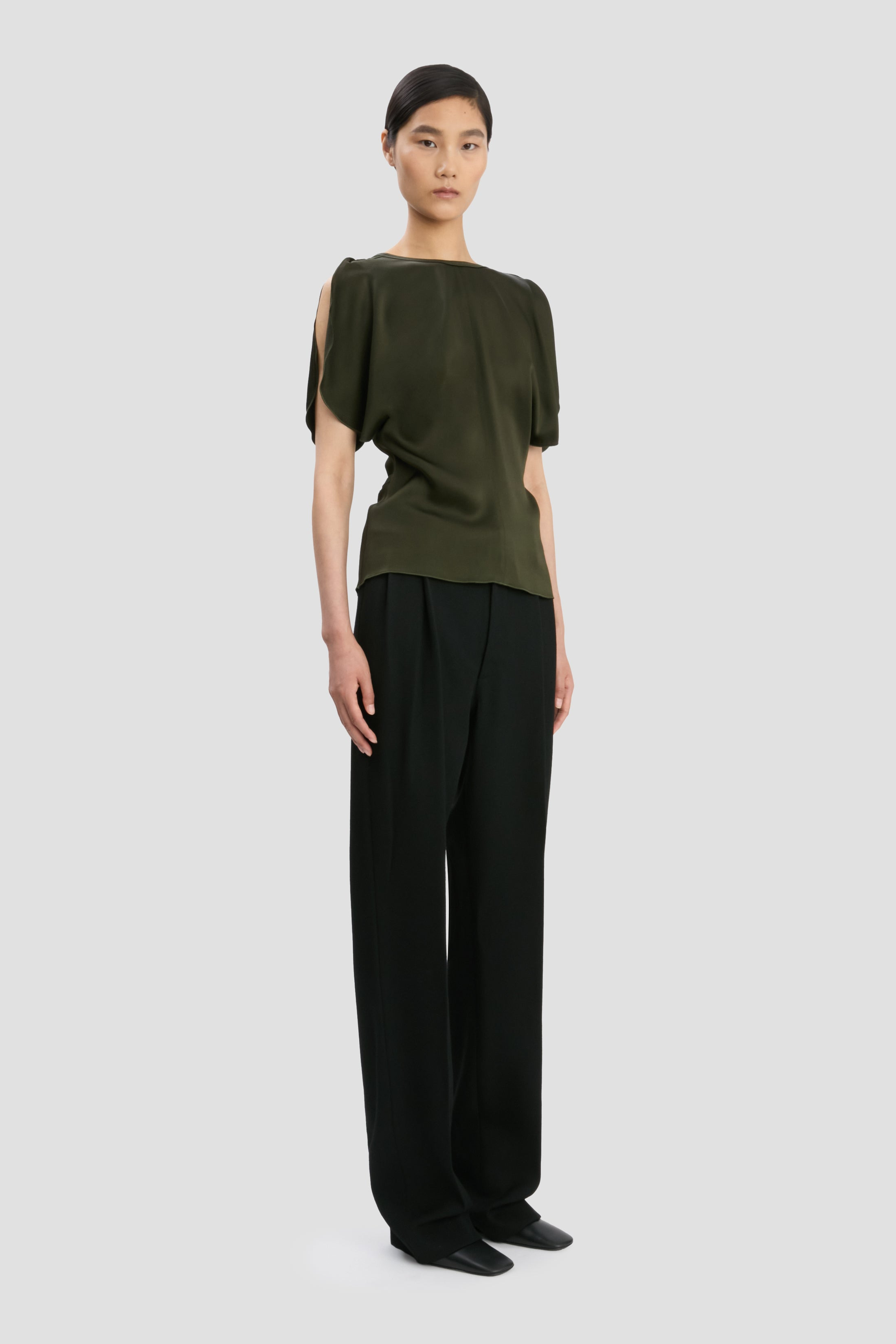 Draped Sleeve Top In Dark Olive - 4