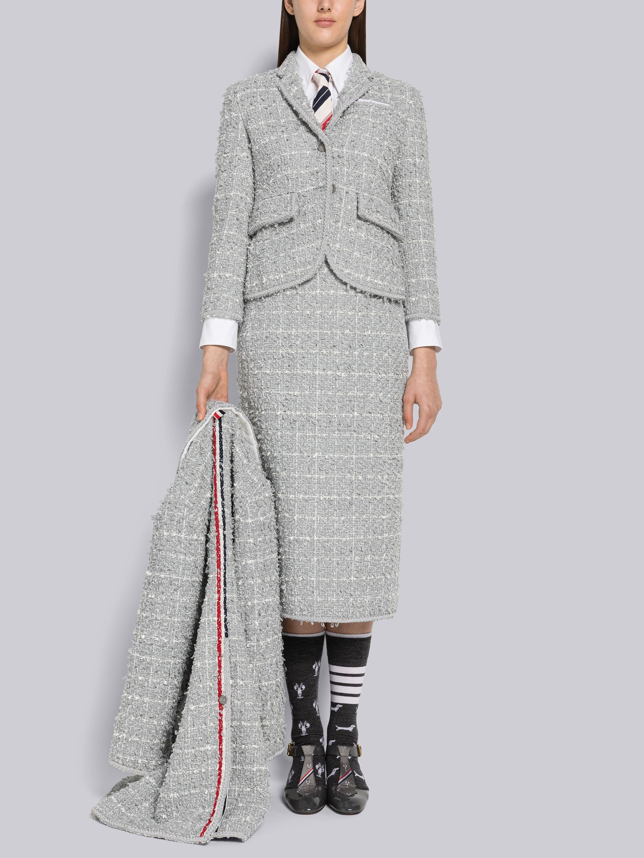 Windowpane Eyelash Tweed Low Rise Pencil Skirt - 4