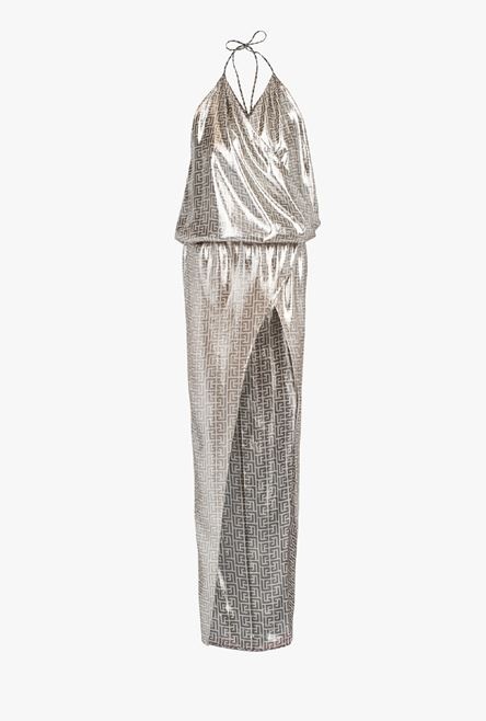 Long silver silk dress with Balmain monogram - 1