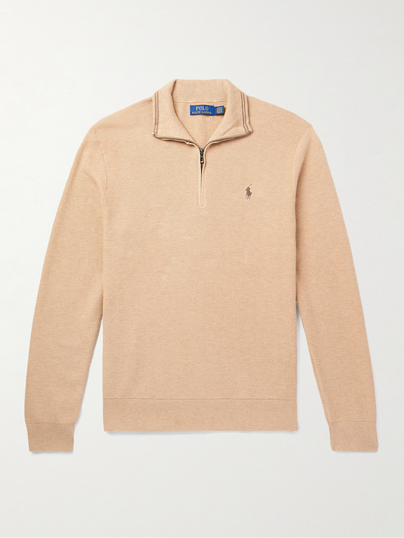 Logo-Embroidered Honeycomb-Knit Cotton Half-Zip Sweater 1
